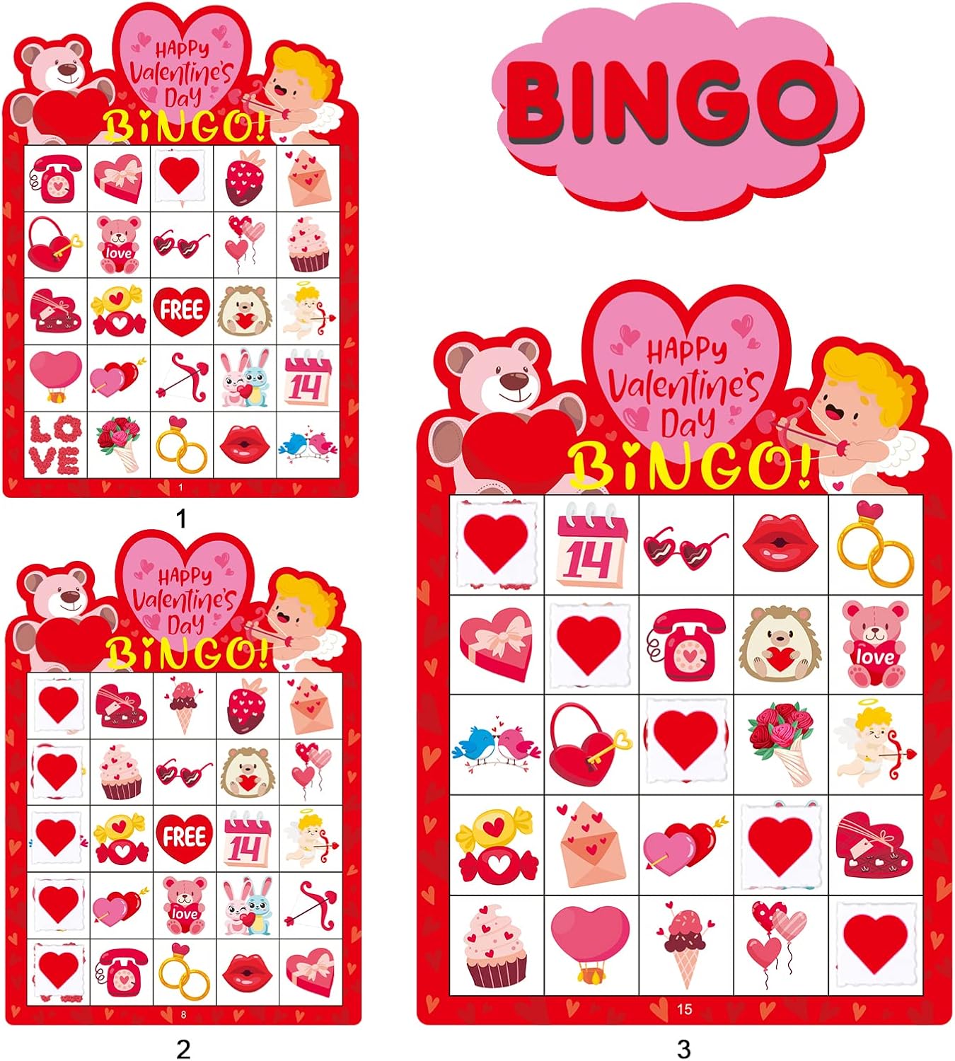 24 jugadores de San Valentín Bingo Juego de tarjetas de bingo para fiesta de San Valentín, juegos de aula, actividades escolares y familiares