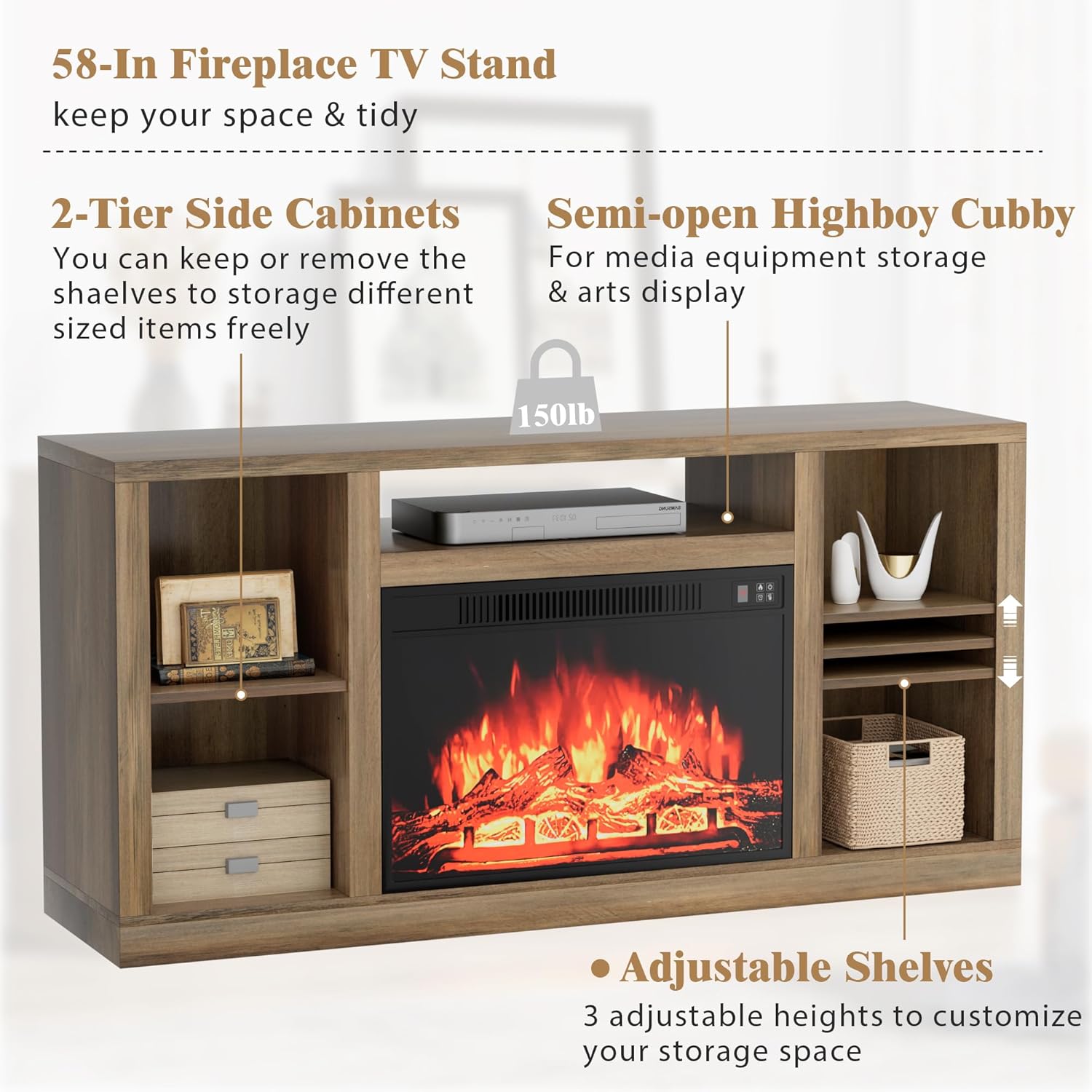 YESHOMY Soporte de TV con chimenea eléctrica para televisores de hasta 65 pulgadas, mesa consola central de entretenimiento multimedia con cuatro
