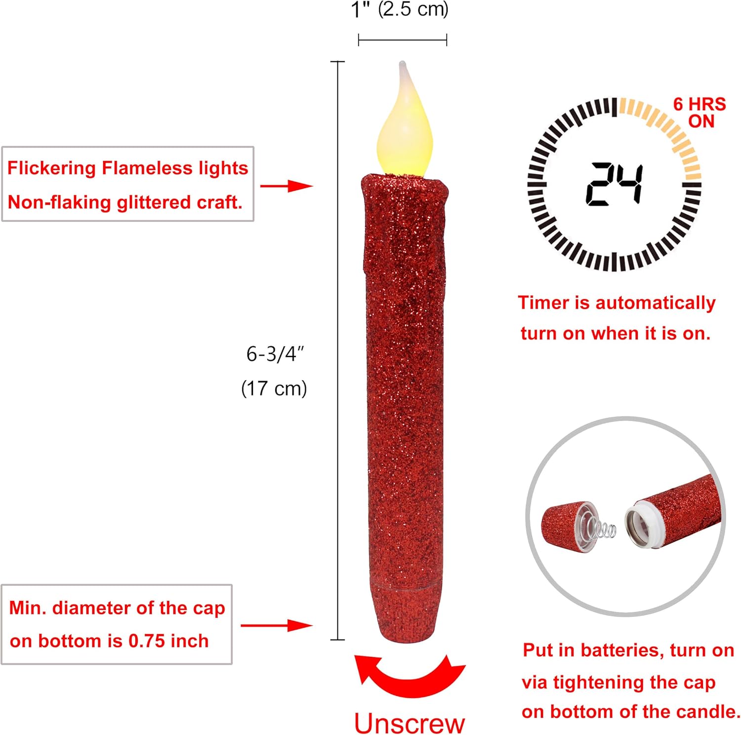 CVHOMEDECO. Velas LED sin llama con purpurina parpadeantes que funcionan con pilas, con temporizador para el hogar, boda, Halloween, decoración de
