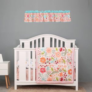 Juego de ropa de cama para cuna de guardería floral rosa para niñas, juego de cama de 4 piezas de acuarela con flores rosas con cenefa de ventana Juego de ropa de cama para cuna de guardería floral rosa para niñas, juego de cama de 4 piezas de acuarela con flores rosas con cenefa de ventana