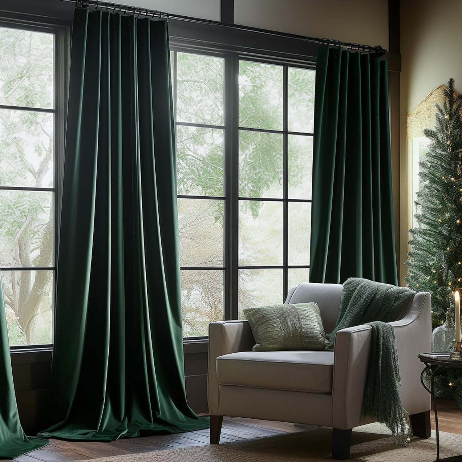 Lazzzy Cortina opaca de terciopelo verde con aislamiento térmico para dormitorio, sala de estar, oscurecimiento de privacidad, cortinas de