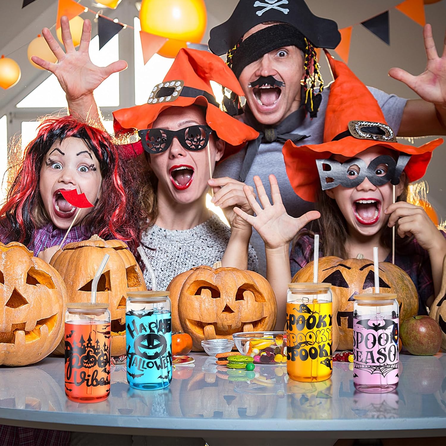 6 tazas de Halloween de 16 onzas, tarro de Halloween con tapa, popote para café, helado, cerveza, cristalería, galletas, regalo, botellas de agua