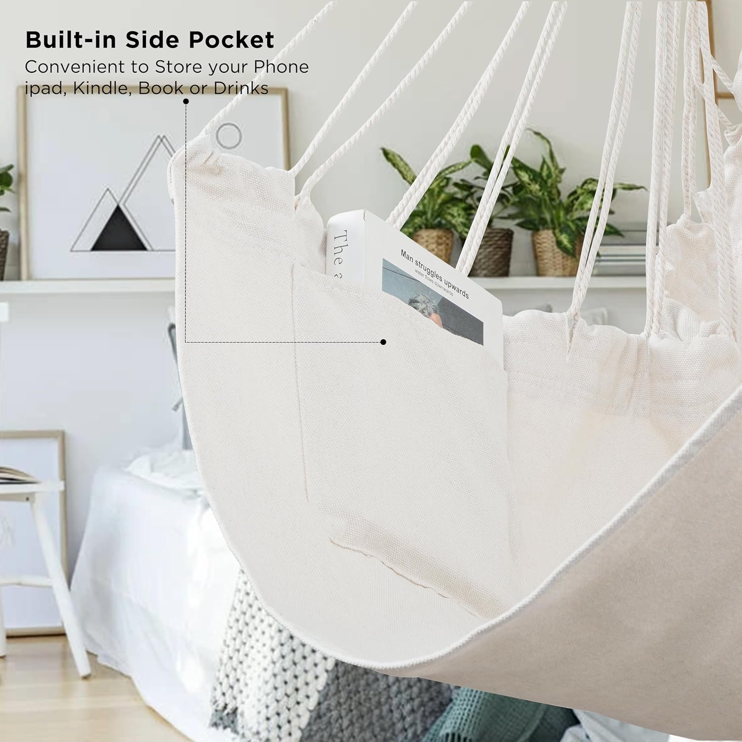 HBlife Hamaca extra de 500 libras, cómoda silla colgante de algodón, columpio para dormitorio, beige (sin varilla de metal) XXL
