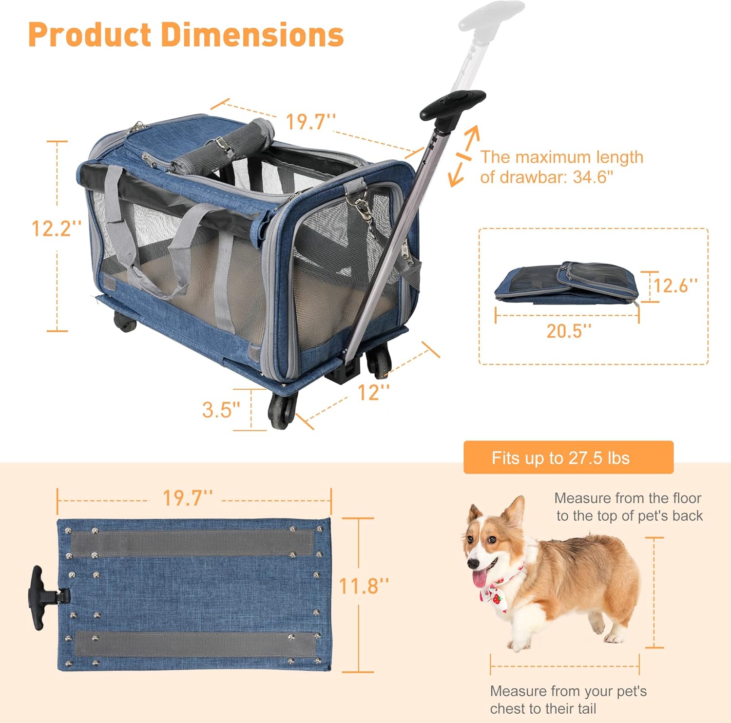 LUCKYERMORE Transportador plegable para mascotas con ruedas para gatos pequeños perros cachorros de hasta 27.5 libras, bolsa portátil para gatos
