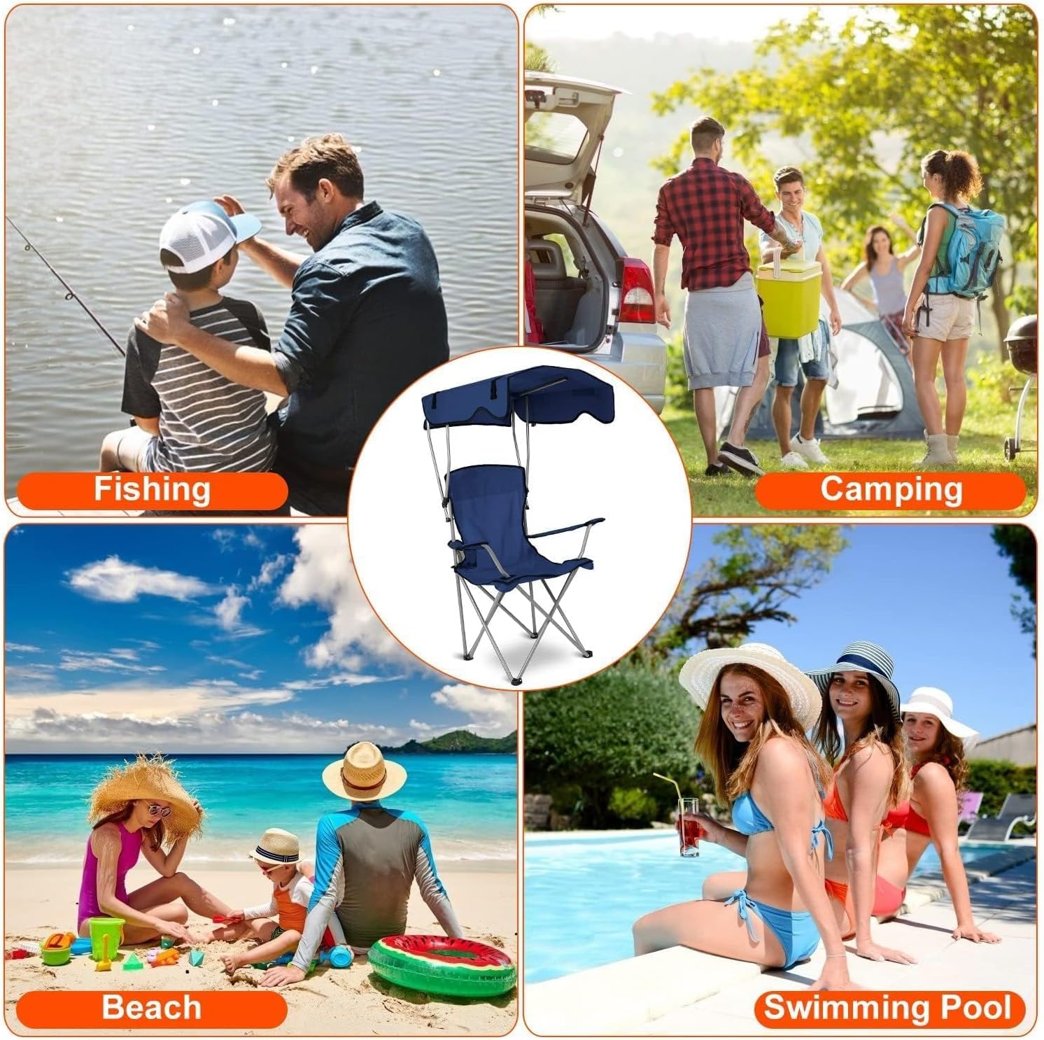 Silla de camping con toldo, silla plegable para exteriores con parasol ajustable UPF 50+ y soporte para tazas, reclinable portátil para campamento,