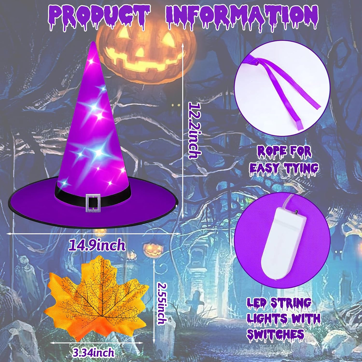 Estacas de Halloween para patio, decoración de patas de bruja LED, decoración de bruja de Halloween iluminada al aire libre, sombrero de bruja LED,