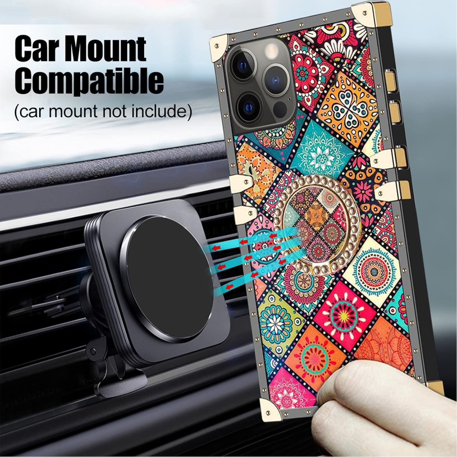Funda para iPhone 14 Pro (no 14 Pro Max), bonita funda cuadrada retro para niñas y mujeres con soporte de anillo, diseño de flores, esquinas