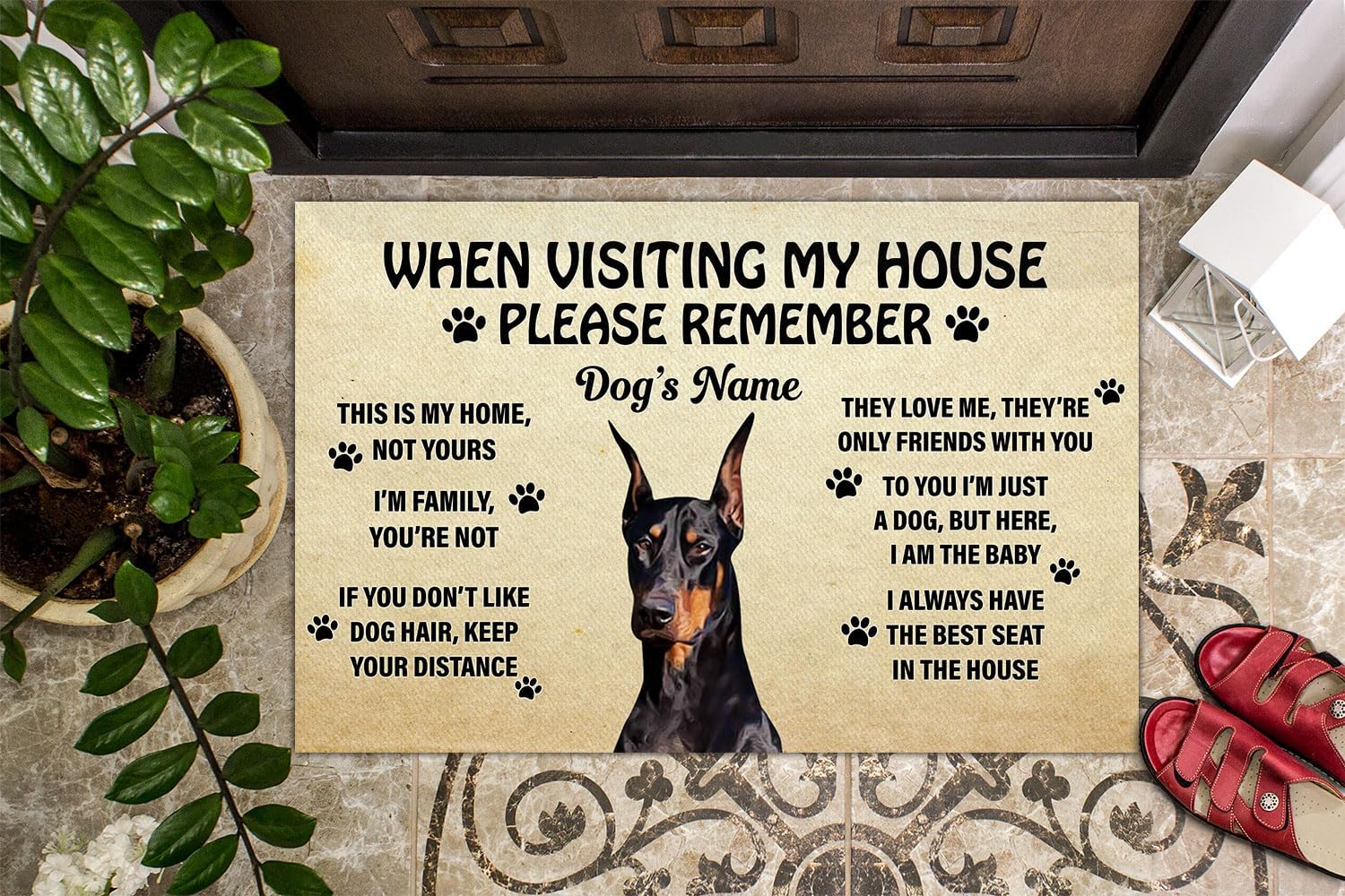 Felpudo personalizado de Doberman Pinscher para cachorros cuando visites mi casa, por favor recuerde, bienvenida, tapete para puerta delantera, para