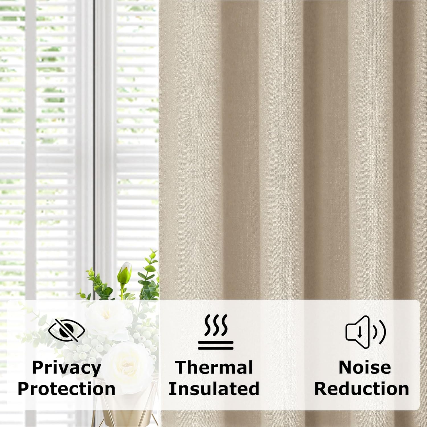 Cortinas 100% opacas de 52 pulgadas de ancho x 102 pulgadas de largo, cortina opaca plisada con forro de lino con alzapaños, cortinas de privacidad