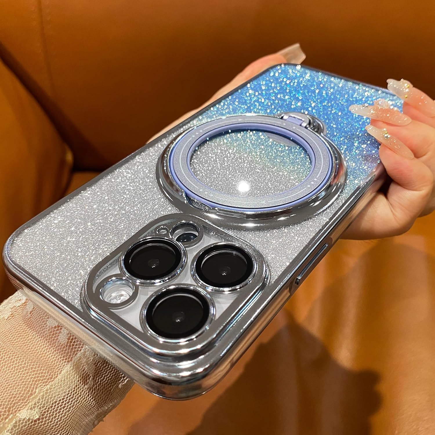 Funda magnética con purpurina para iPhone 15 Pro Max con soporte de anillo giratorio, compatible con MagSafe protector de lente de cámara chapado de