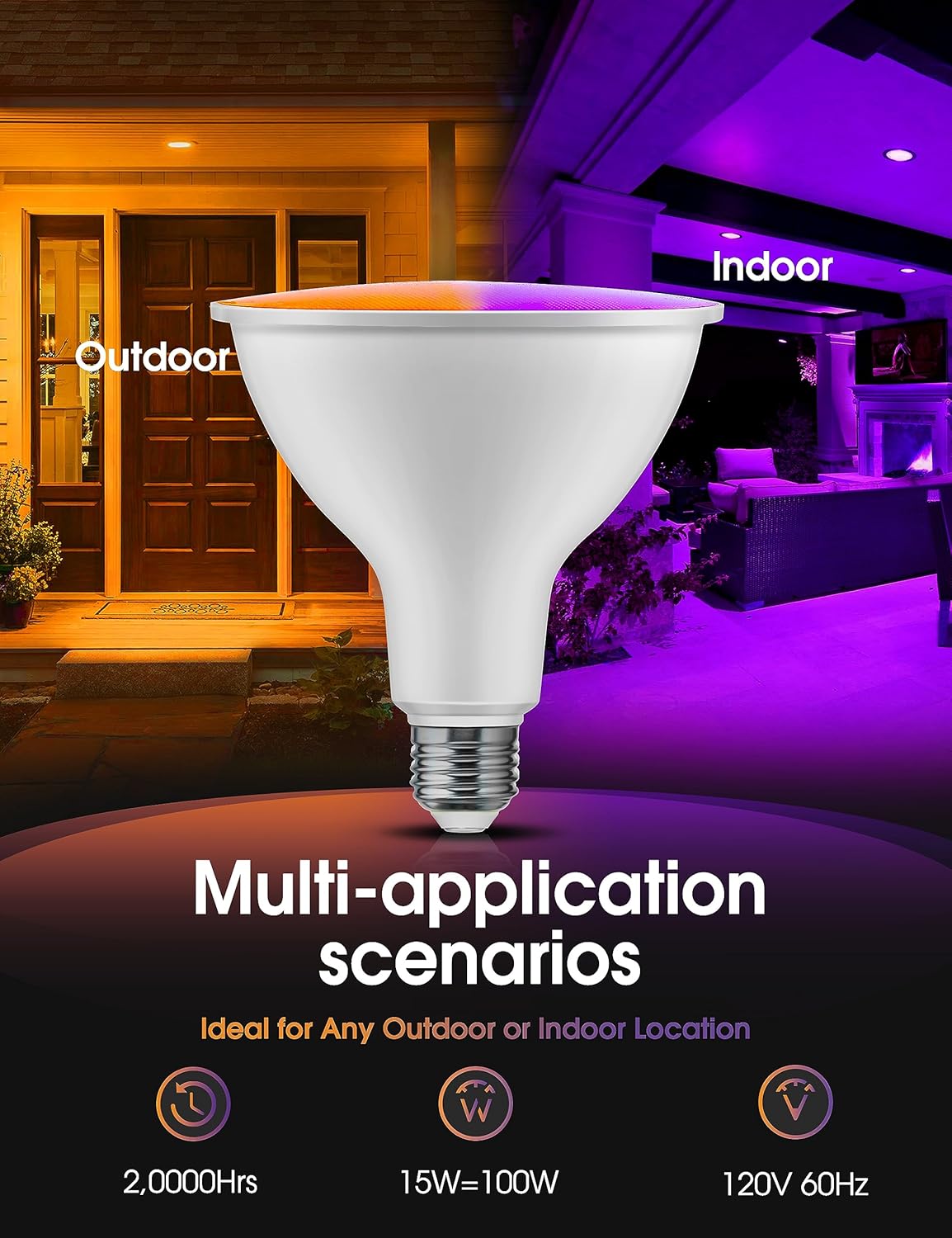 LOHAS – Bombillas de inundación color naranja morado, luz de inundación LED PAR38 para exteriores, equivalente a 100 W, bombilla de porche de color