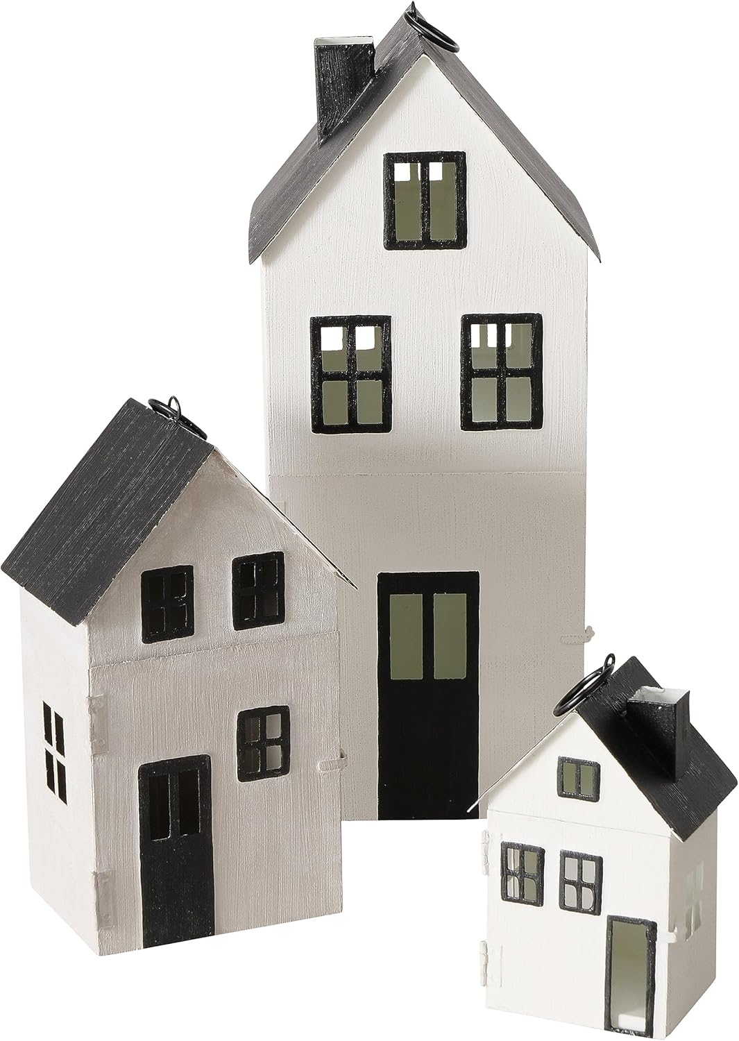Main Street Town House – Juego de 3 faroles para velas, estilo vintage, techos negros rústicos, paredes blancas, metal, 13.75, 8.25 y 5 pulgadas de