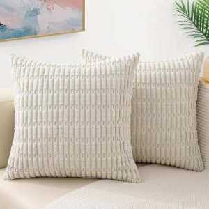 decorUhome Juego de 2 fundas de almohada decorativas de color blanco crema de 24 x 24 pulgadas, fundas de almohada cuadradas de pana suave a rayas decorUhome Juego de 2 fundas de almohada decorativas de color blanco crema de 24 x 24 pulgadas, fundas de almohada cuadradas de pana suave a rayas