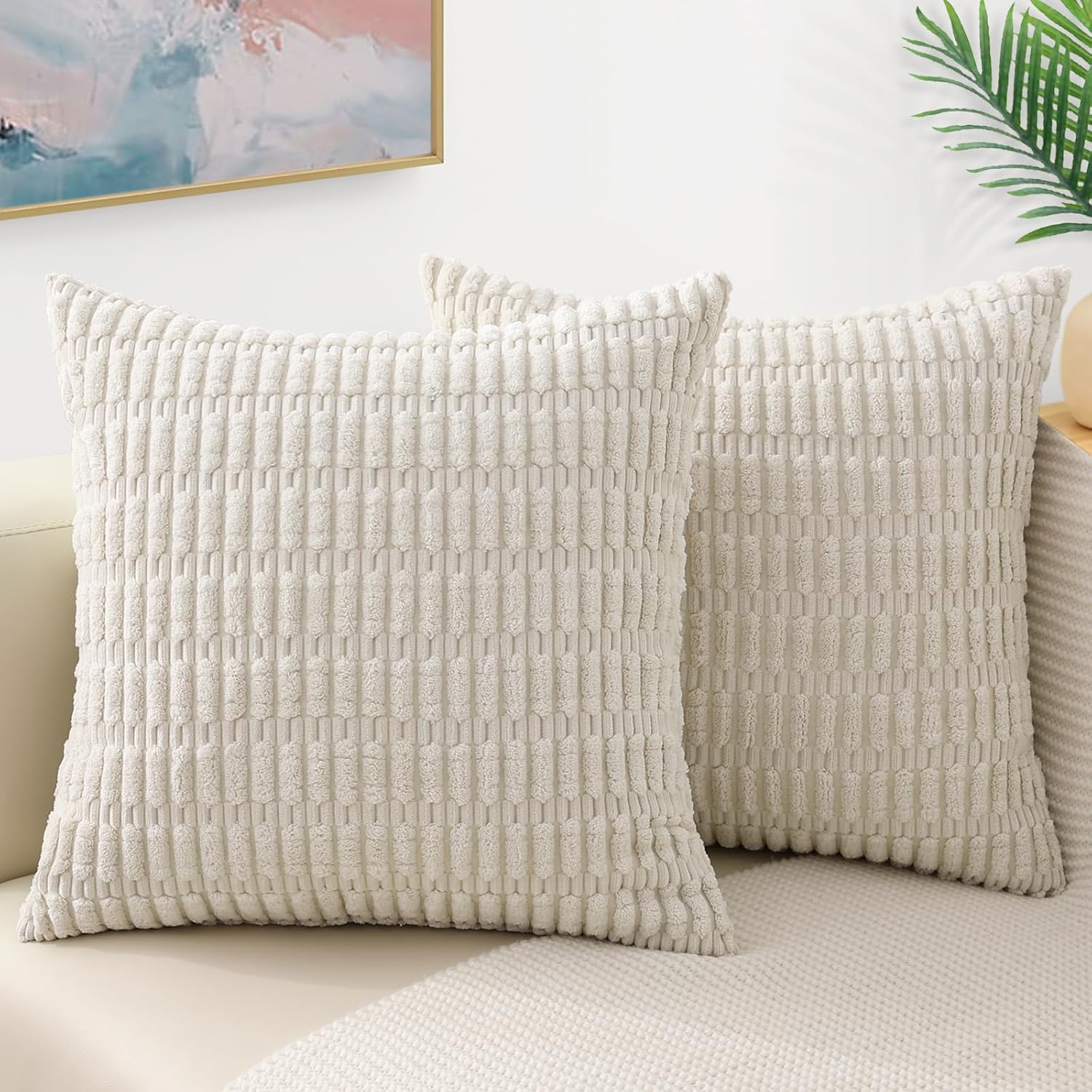 decorUhome Juego de 2 fundas de almohada decorativas de color blanco crema de 24 x 24 pulgadas, fundas de almohada cuadradas de pana suave a rayas