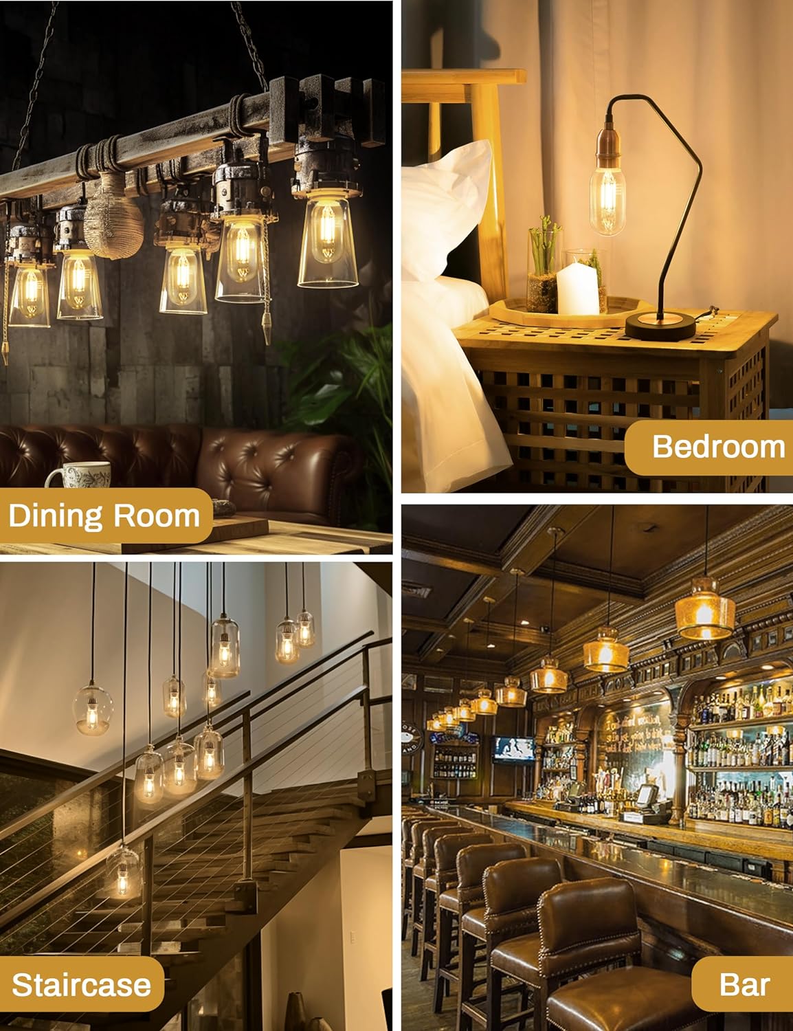 Paquete de 4 bombillas LED Edison, bombillas Edison de 4 W, bombillas de filamento LED antiguas equivalentes a 40 W, base E26, bombilla LED T45 con