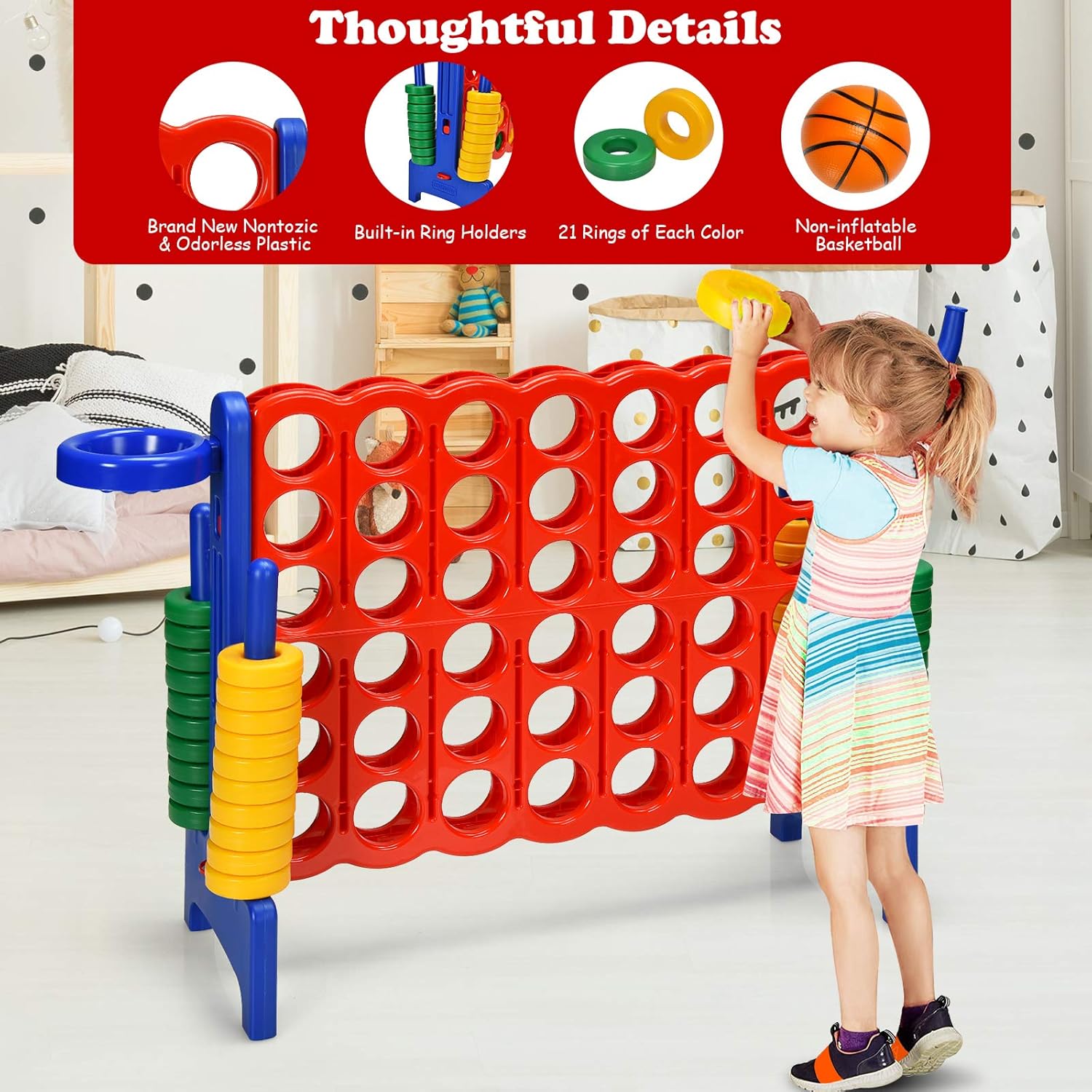 DORTALA Juego gigante de 4 en una fila, de plástico Jumbo Connect con 42 anillos jumbo, deslizador de liberación rápida, lanzamiento de anillo, 2.5