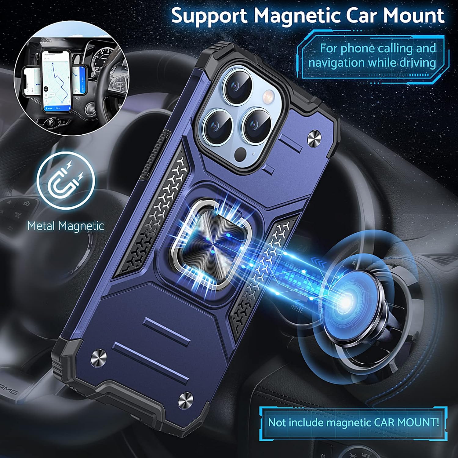 Anqrp Diseñada para iPhone 13 Pro, funda protectora de grado militar con anillo de metal mejorado soporte magnético compatible con iPhone 13 Pro