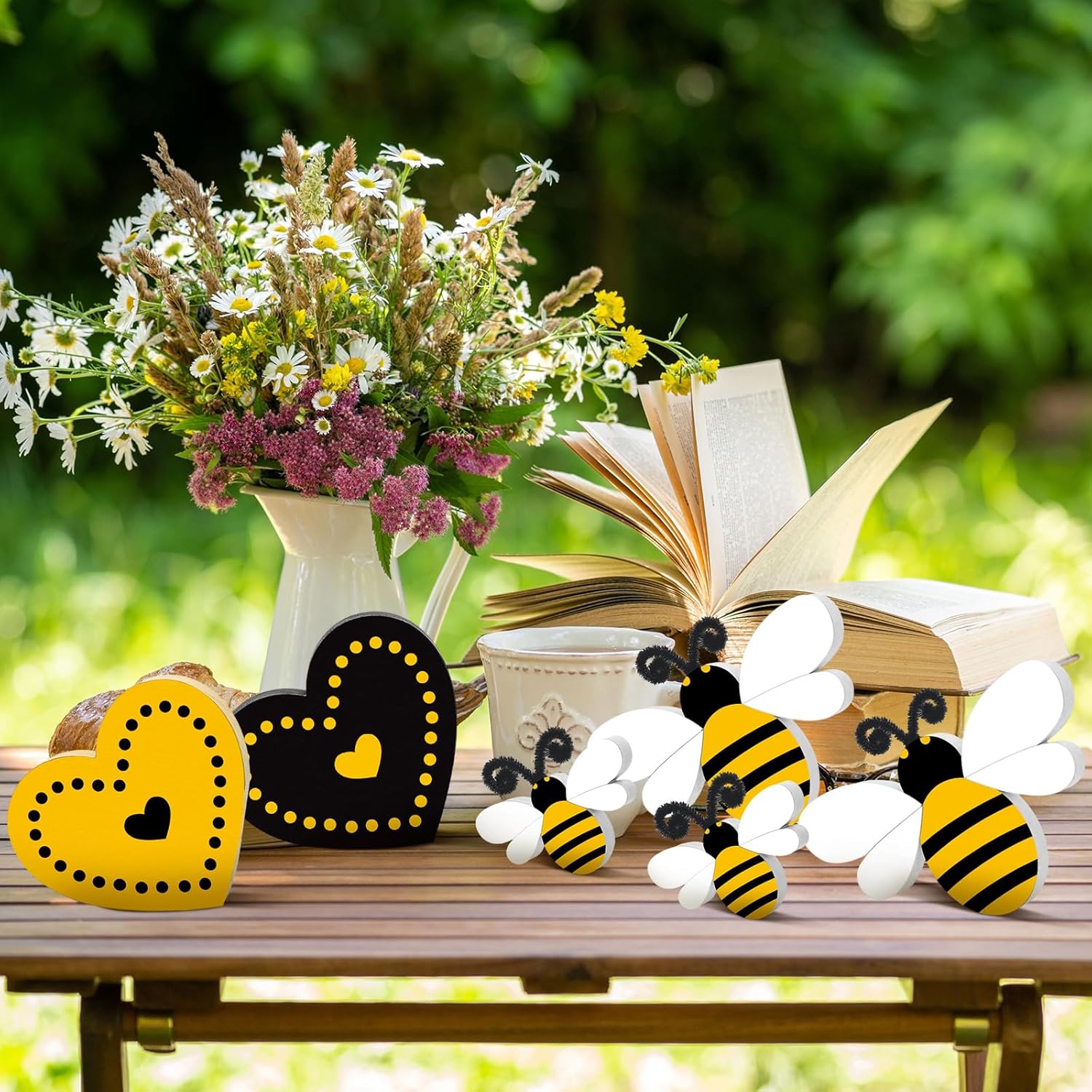 6 piezas de bandeja escalonada de abeja, letrero de madera con forma de corazón de abeja, decoración rústica de abeja, centro de mesa de madera de