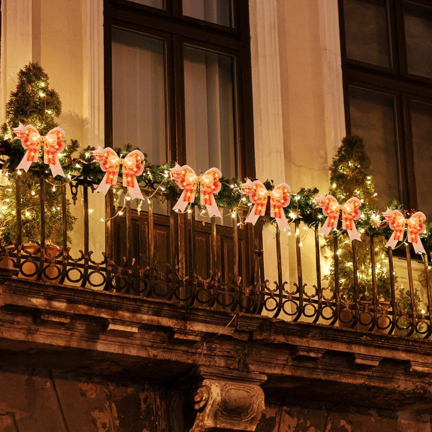 4 lazos LED de otoño para coronas, lazo de arpillera a cuadros de búfalo naranja con luces LED, lazos de Acción de Gracias para decoración de árbol,