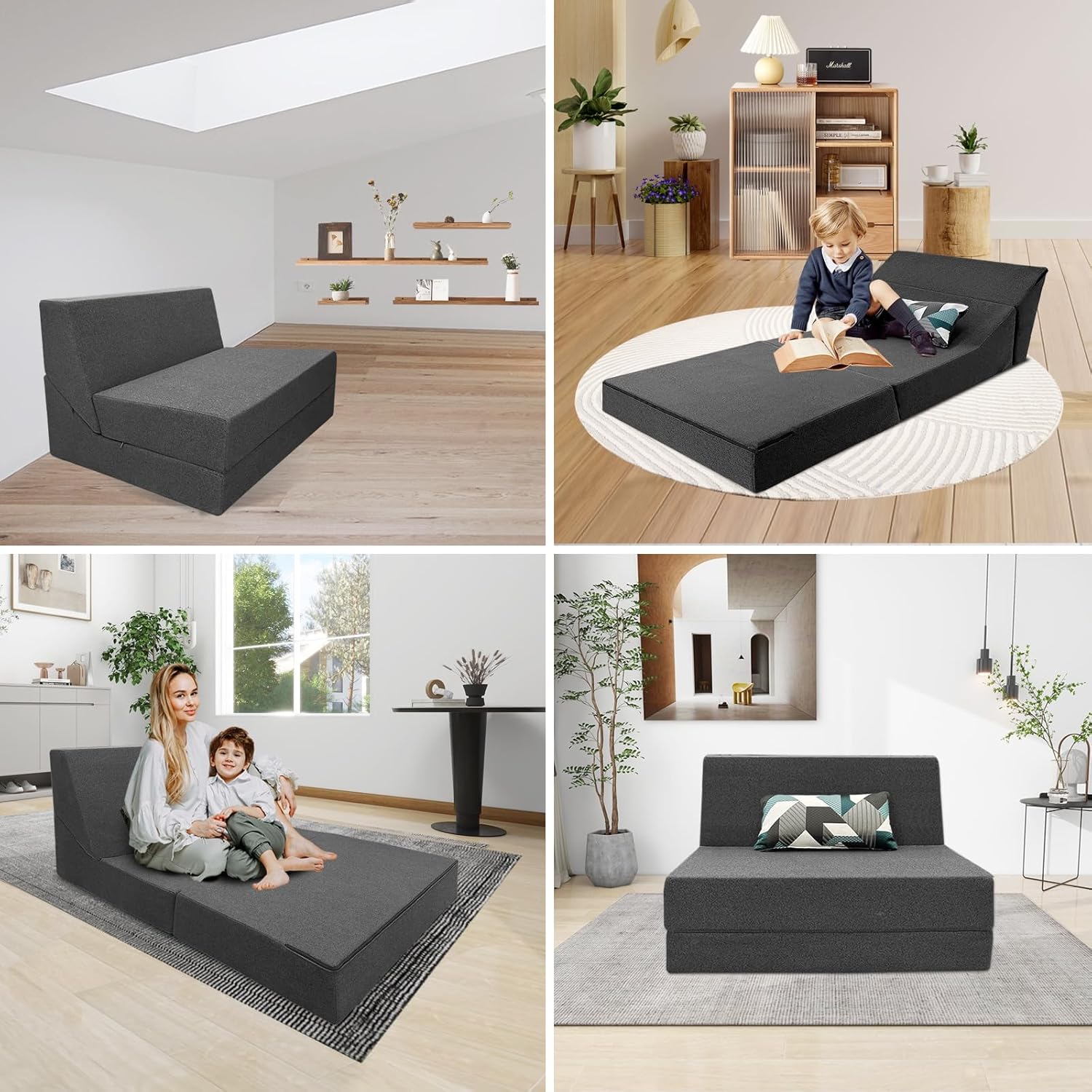 ANONER Sofá plegable de espuma viscoelástica convertible con almohada, diván para sala de estar, dormitorio y apartamento, oficina, color gris oscuro