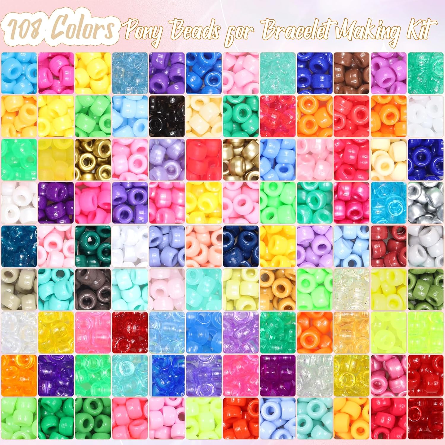 BIBOKLTIY Kit de fabricación de pulseras de cuentas de poni, 108 colores para pulseras de amistad, 3600 cuentas Kandi con cuentas de letras y
