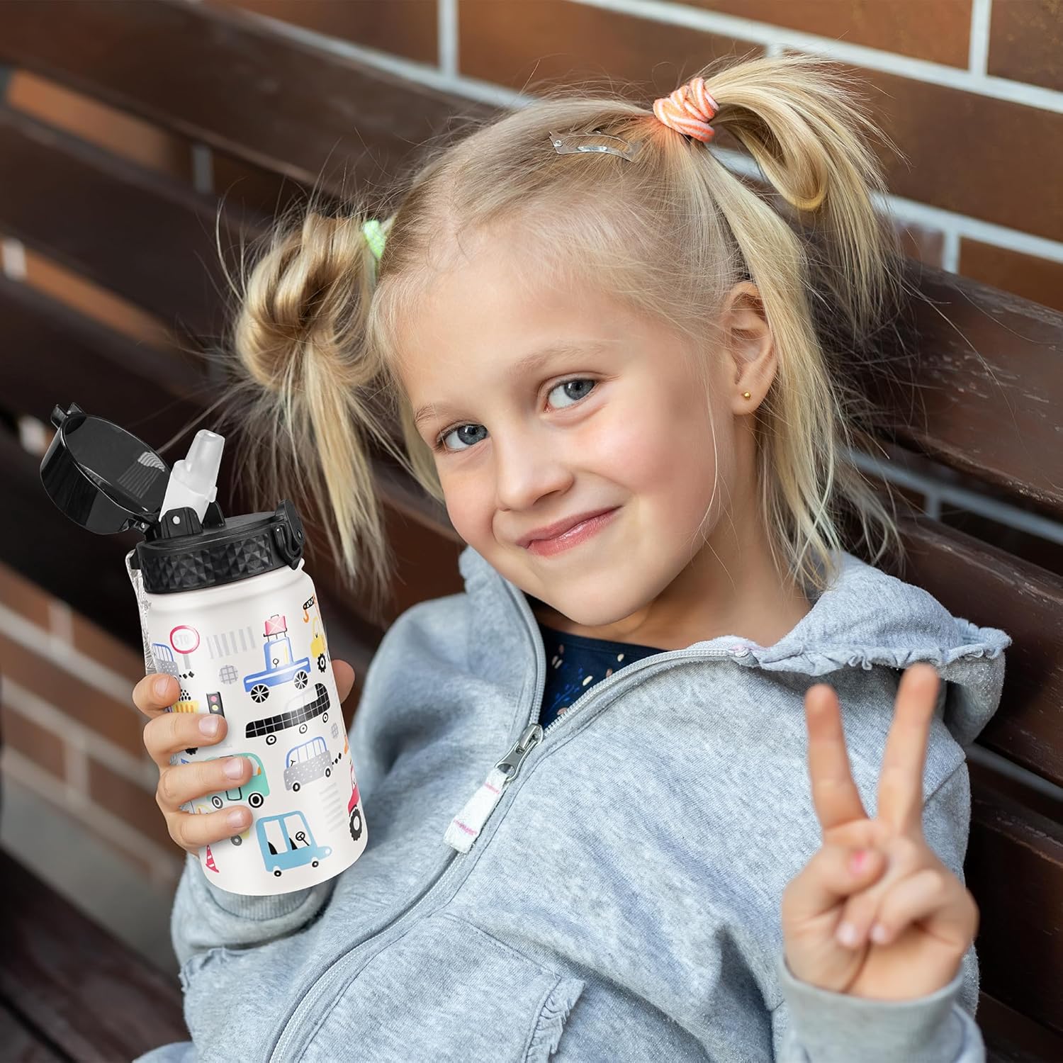 GOPPUS Botella de agua aislada para niños, 14 onzas, sin BPA, botella de viaje de acero inoxidable 188 con popote y doble pared al vacío a prueba de