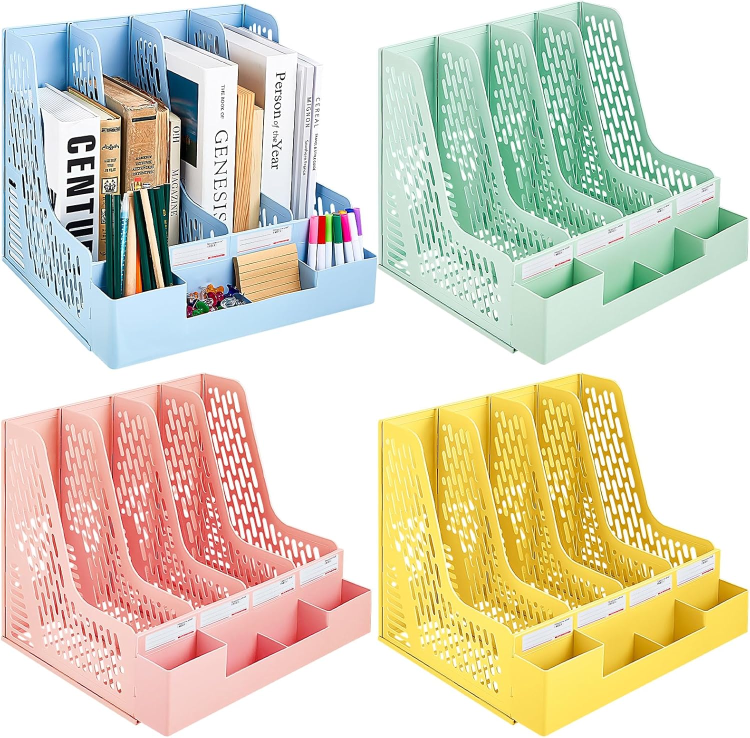 4 soportes para archivadores de revistas con 4 compartimentos verticales, organizador de escritorio de archivos, organizador de archivos,
