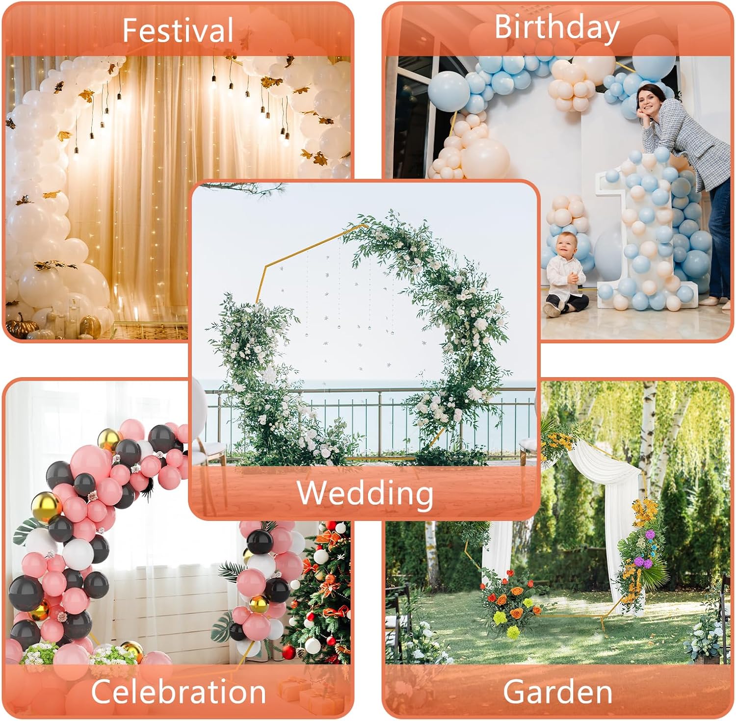 melos Arcos de boda de 7.5 x 7.4 pies para ceremonia, soporte de arco de globos de metal heptagonal, soporte de fondo para jardín, fiestas,