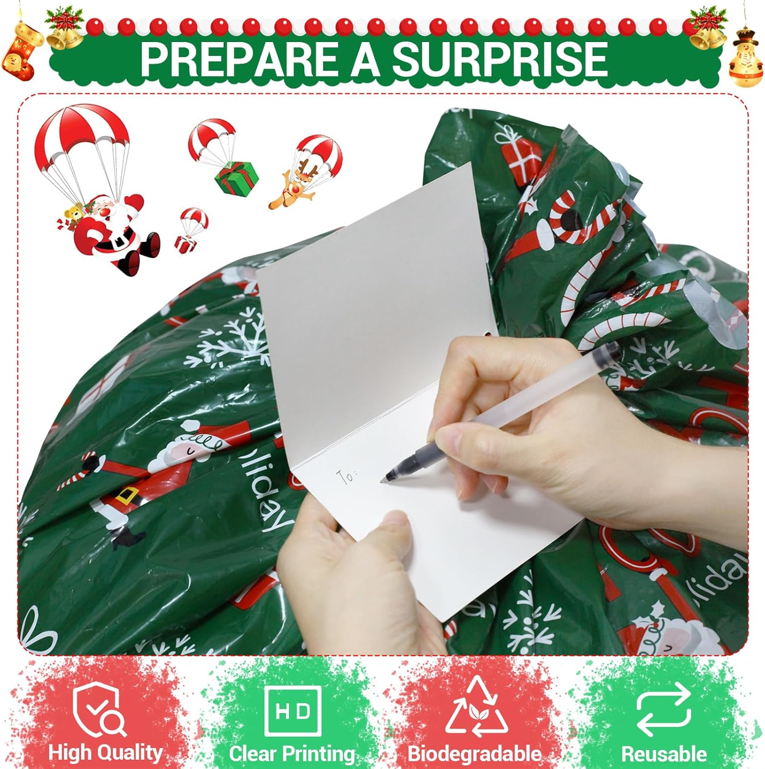 ROSAUI Bolsas grandes de regalo de Navidad y tarjetas de regalo de Navidad, juego de 3 (44.09 x 35.43 pulgadas), bolsa de regalo de plástico PE