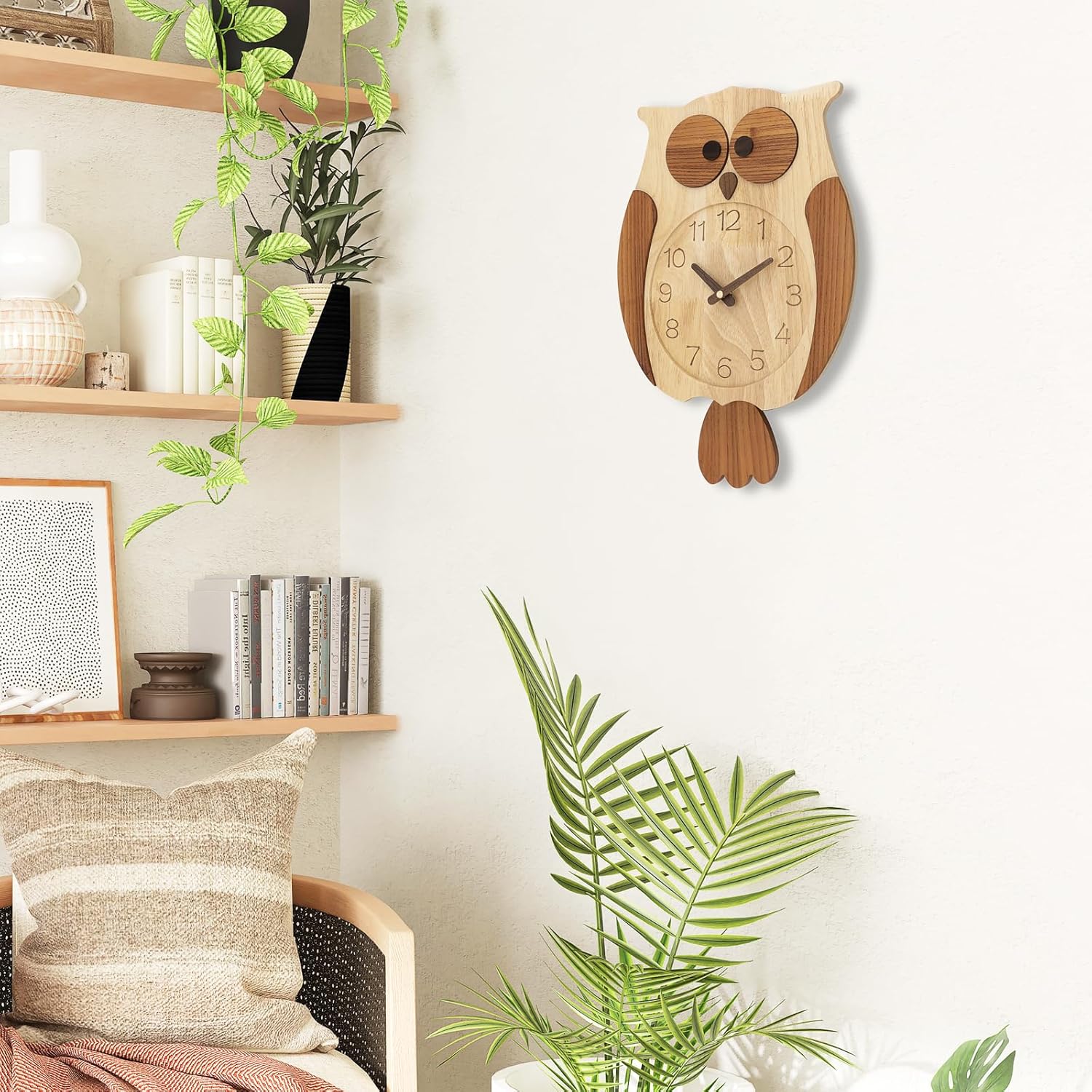 Reloj de pared de búho decorativo de madera Clolck sin tictac, funciona con pilas, reloj de péndulo de madera para sala de estar, dormitorio,
