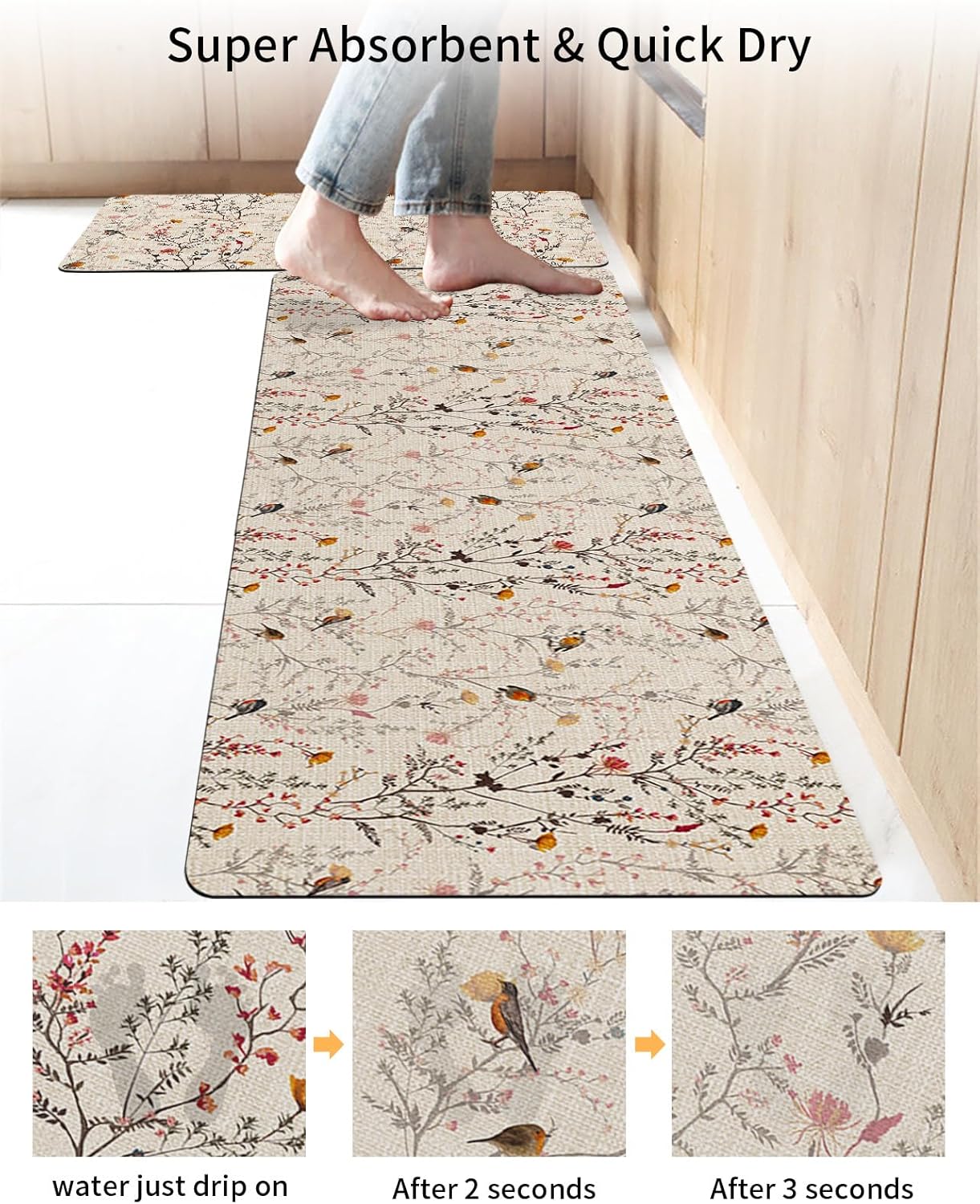 Juego de 2 alfombras y tapetes de baño, alfombra de pasillo de baño, vintage, floral, beige, absorbentes, para piso, bañera, fregadero, cocina,