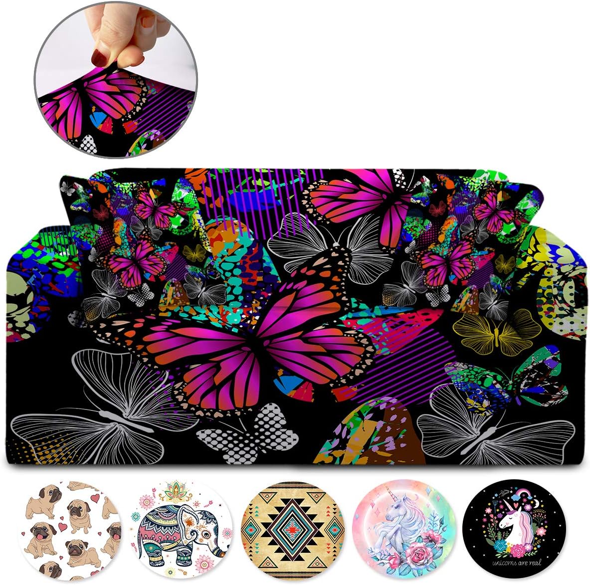 Sleepwish Flying Butterflies – Fundas elásticas para sofá de 3 cojines, funda de sofá biplaza o sillón para niñas, funda de cojín con 2 fundas de