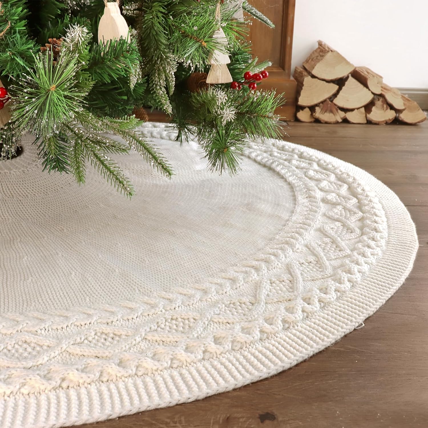 LimBridge Faldón de árbol de Navidad de punto 60 pulgadas extra grande falda de árbol blanco crema, combo de punto de cable de diamante,