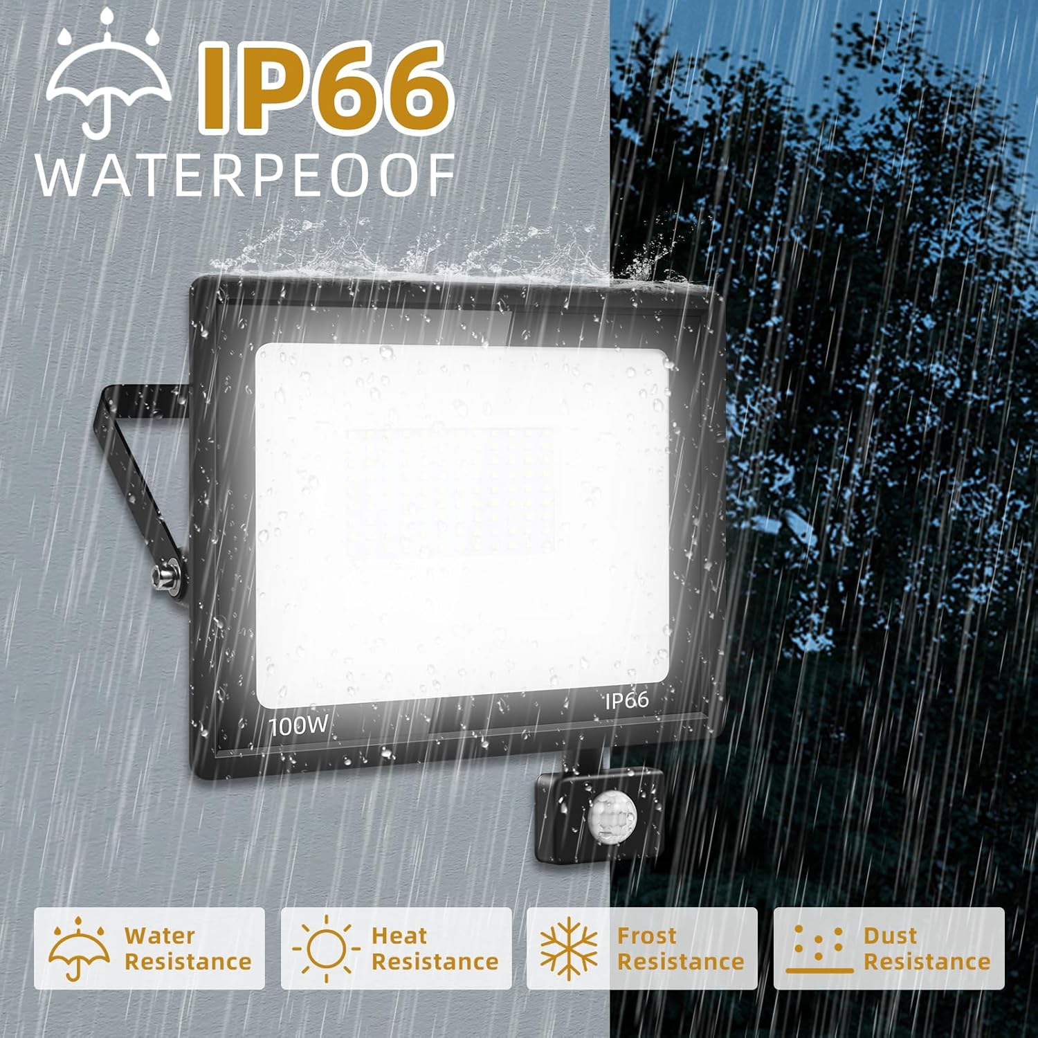 Paquete de 2 luces de inundación LED de 100 W, sensor de movimiento al aire libre, 10000 lm, 6500 K, luces de seguridad, movimiento al aire libre,