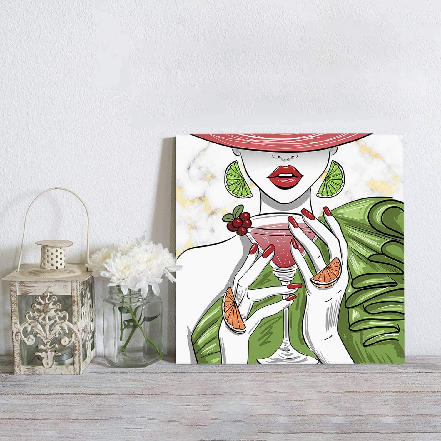 Lienzo decorativo para pared, decoración de pared con marco para mujer, textura de mármol, pinturas al óleo de limón, cóctel, arte de pared, listo