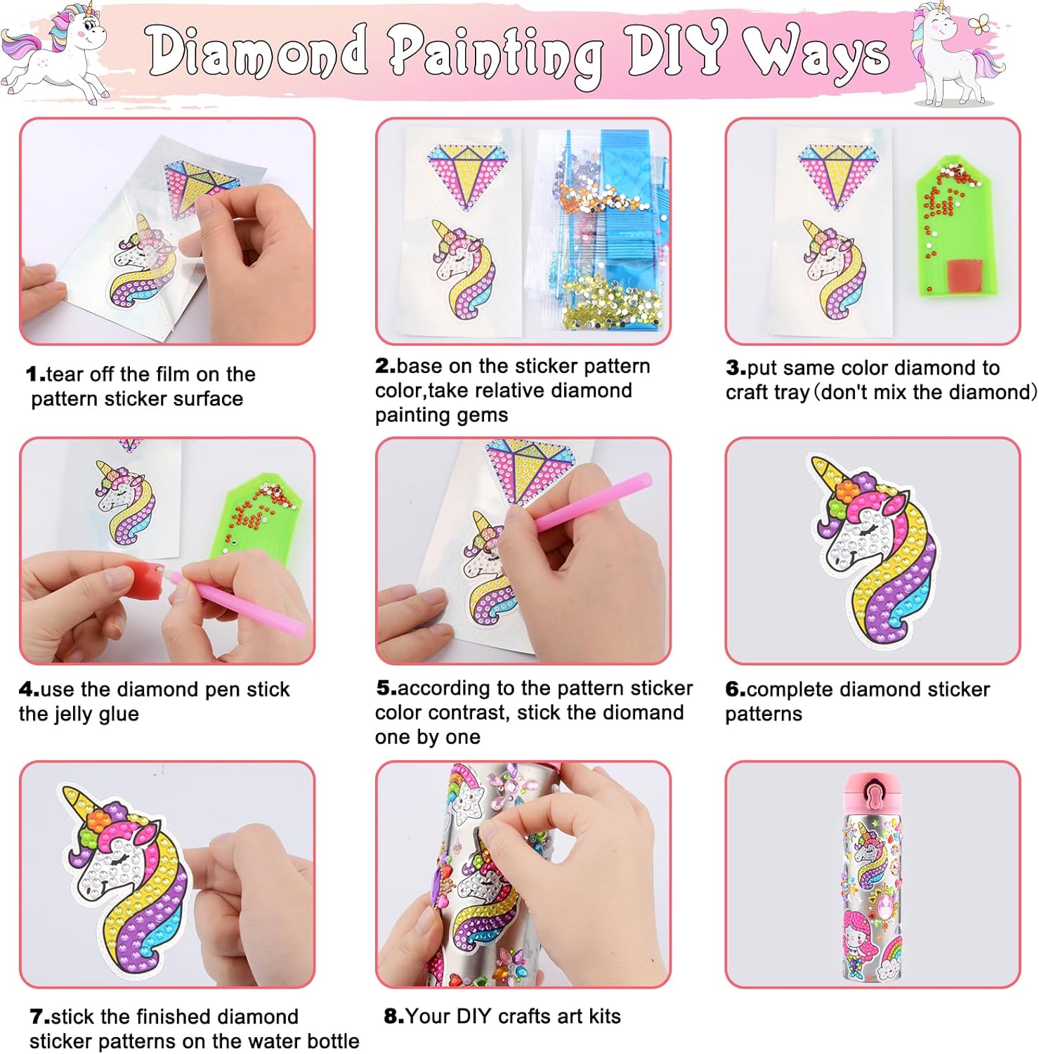 Decorate Your Own Water Bottle, Birthday Mothers Day Gifts for Kids Age 4 5 6 7 8 9 10 Years Old Kids with Unicorn Rhinestone Glitter Gem Stickers