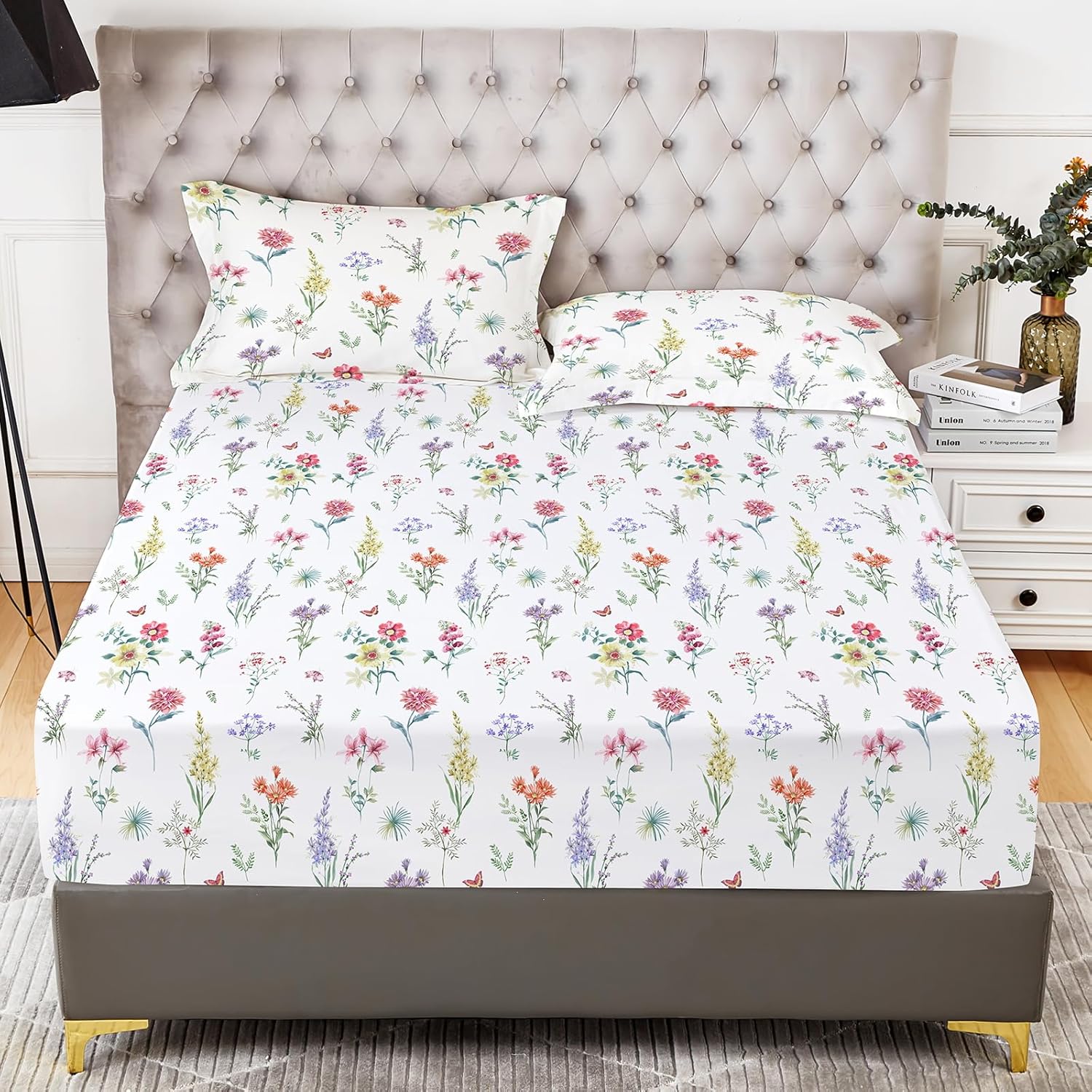 YIYEA Sábana bajera individual con funda de almohada, estampado floral, sábana bajera de microfibra cepillada de 1800 hilos de primera calidad,