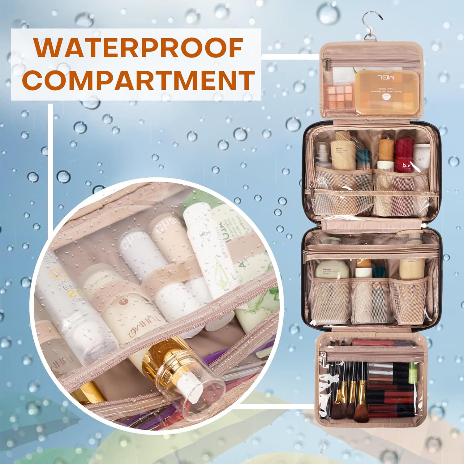 Neceser de viaje para mujer, resistente al agua, bolsa de cosméticos para maquillaje, contenedor de tamaño completo con gancho para colgar para