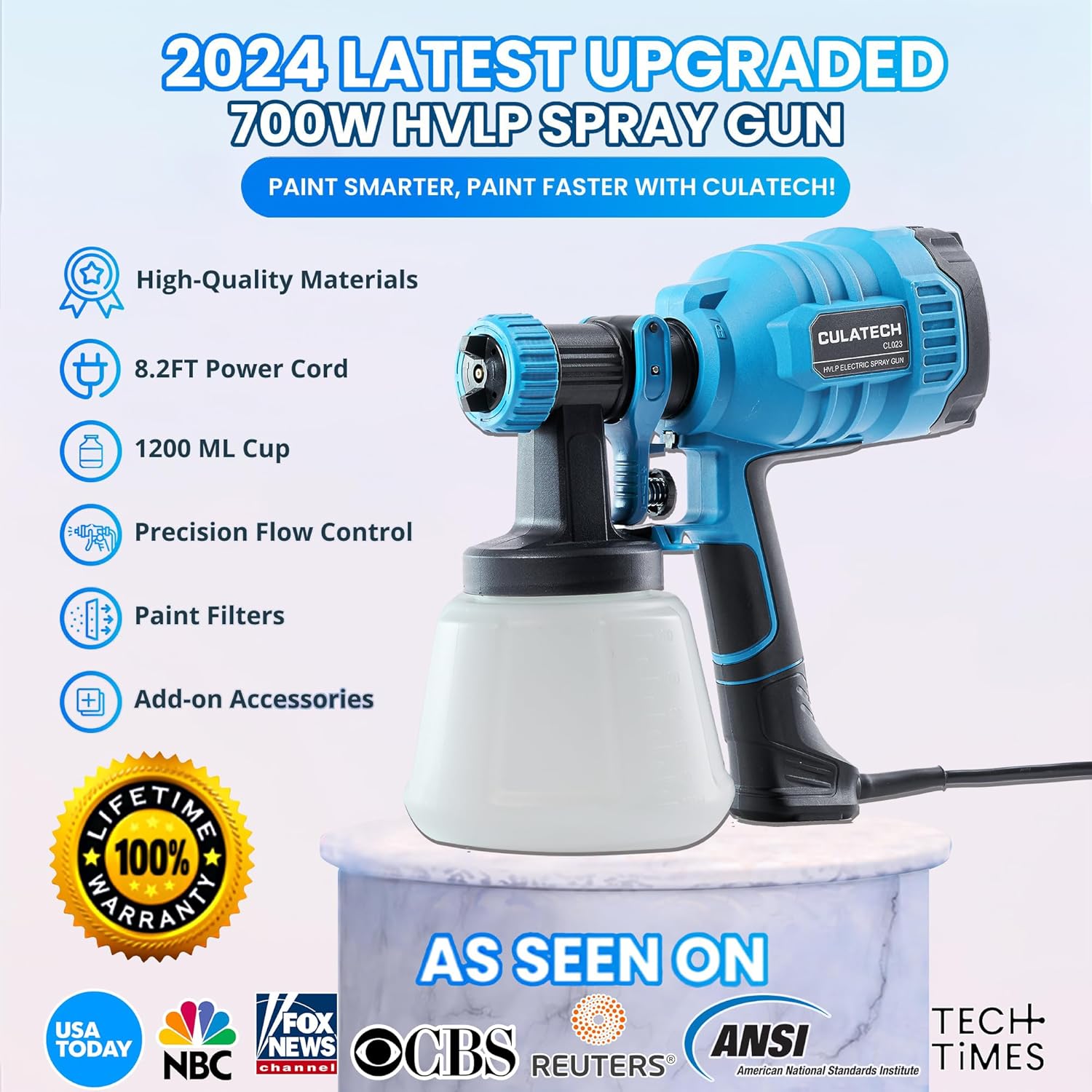 Pulverizador de pintura, Culatech 2024 pistola de pintura eléctrica HVLP mejorada de 700 W, con 6 boquillas de cobre, cable de alimentación largo,