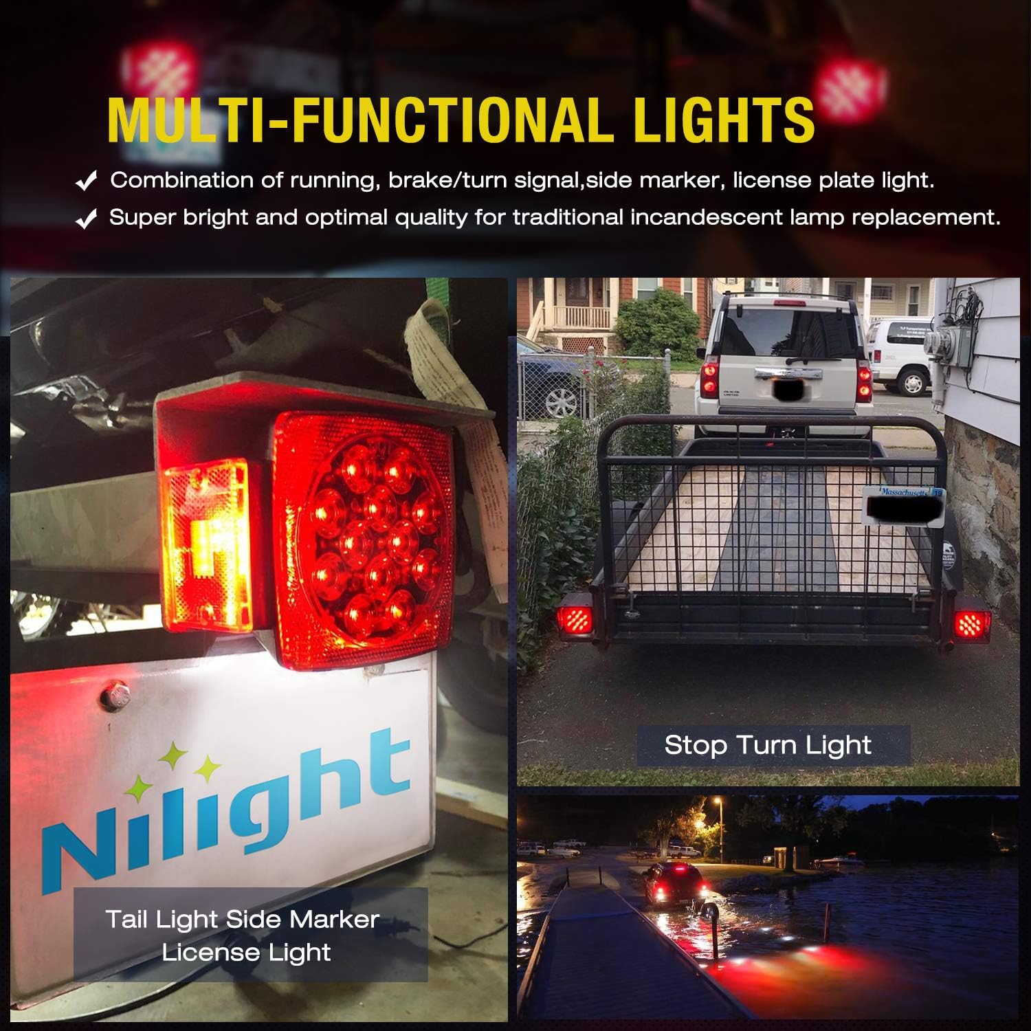 Nilight 2 luces LED cuadradas para remolque de perfil bajo sumergibles IP68 Luces direccionales y de freno traseras, laterales o para la placa de
