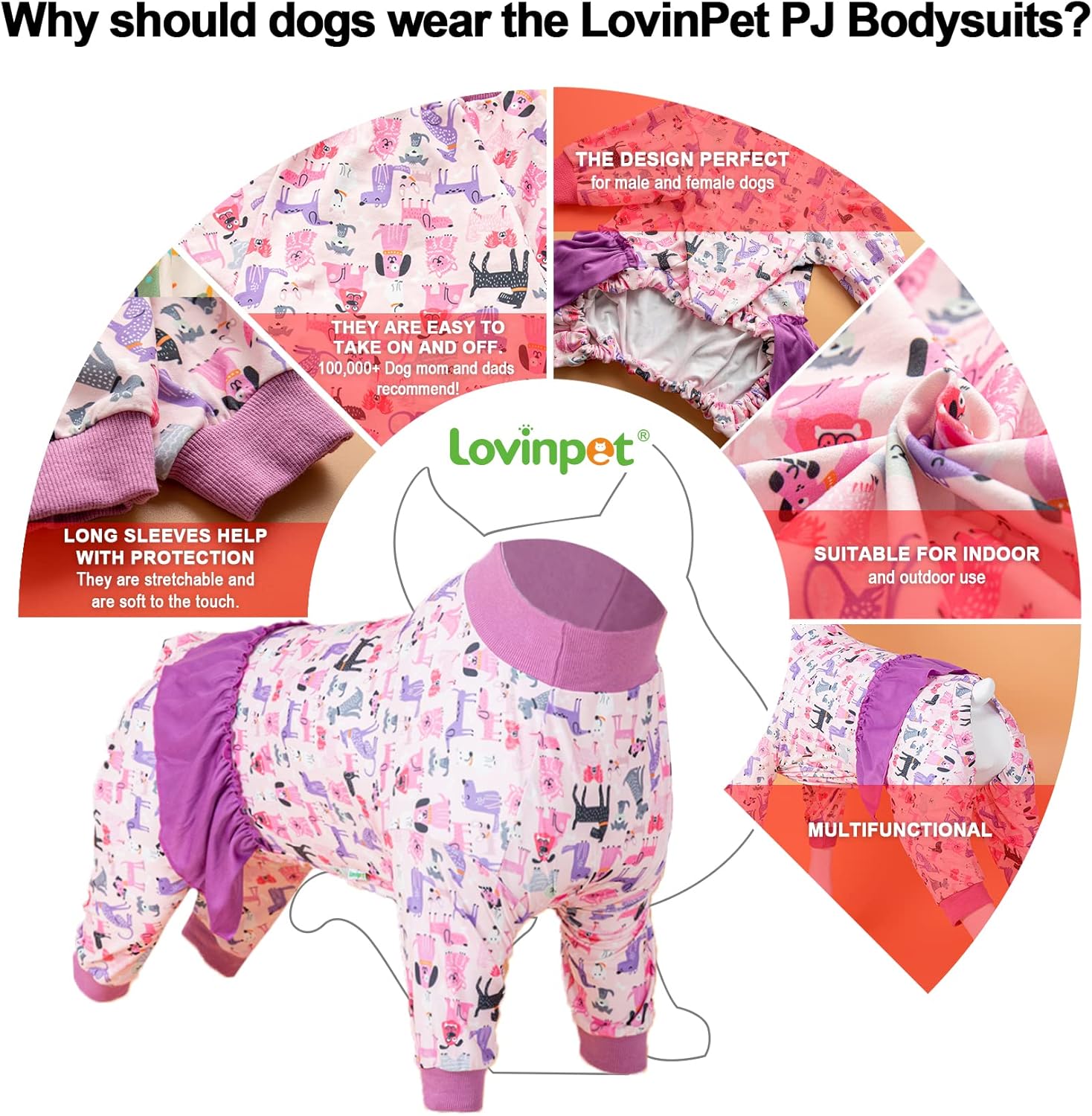 LovinPet Mameluco de manga larga para perros grandes, camisa de algodón de cuello alto, antidesprendimiento, tejido elástico ligero, estampado de