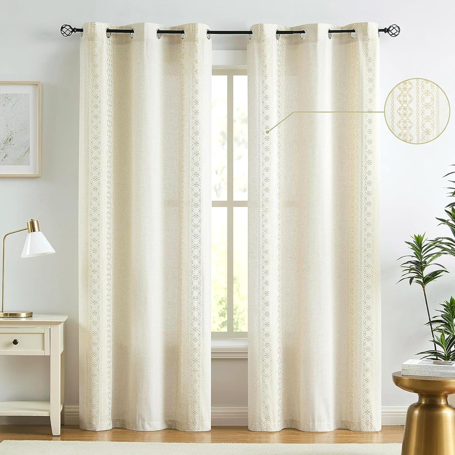 ZHOCHI Cortinas de lino para ventana, con estampado metálico de rayas bohemias, de mezcla natural, con ojales en la parte superior,