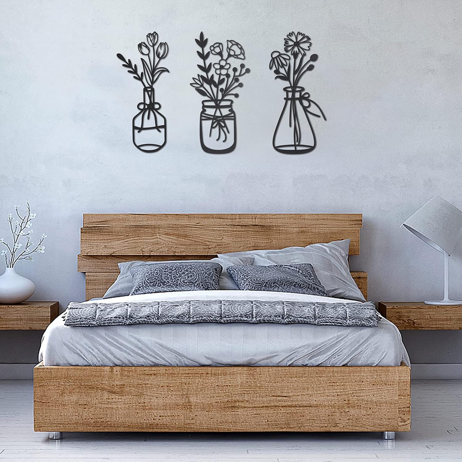 COLLECTIVE HOME – Arte de pared de metal, decoración de flores de pared, florero de 3 piezas, letrero floral de decoración de hierro, alambre de