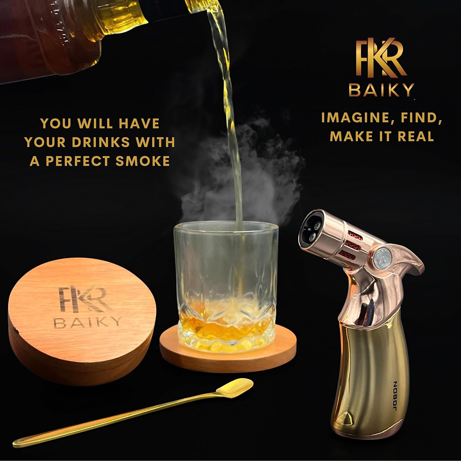 Kit de ahumador de cóctel con antorcha – Kit de ahumador antiguo – Gama de sabores – Versátil – 2 tazas de vidrio – 2 posavasos – Piedra de whisky –