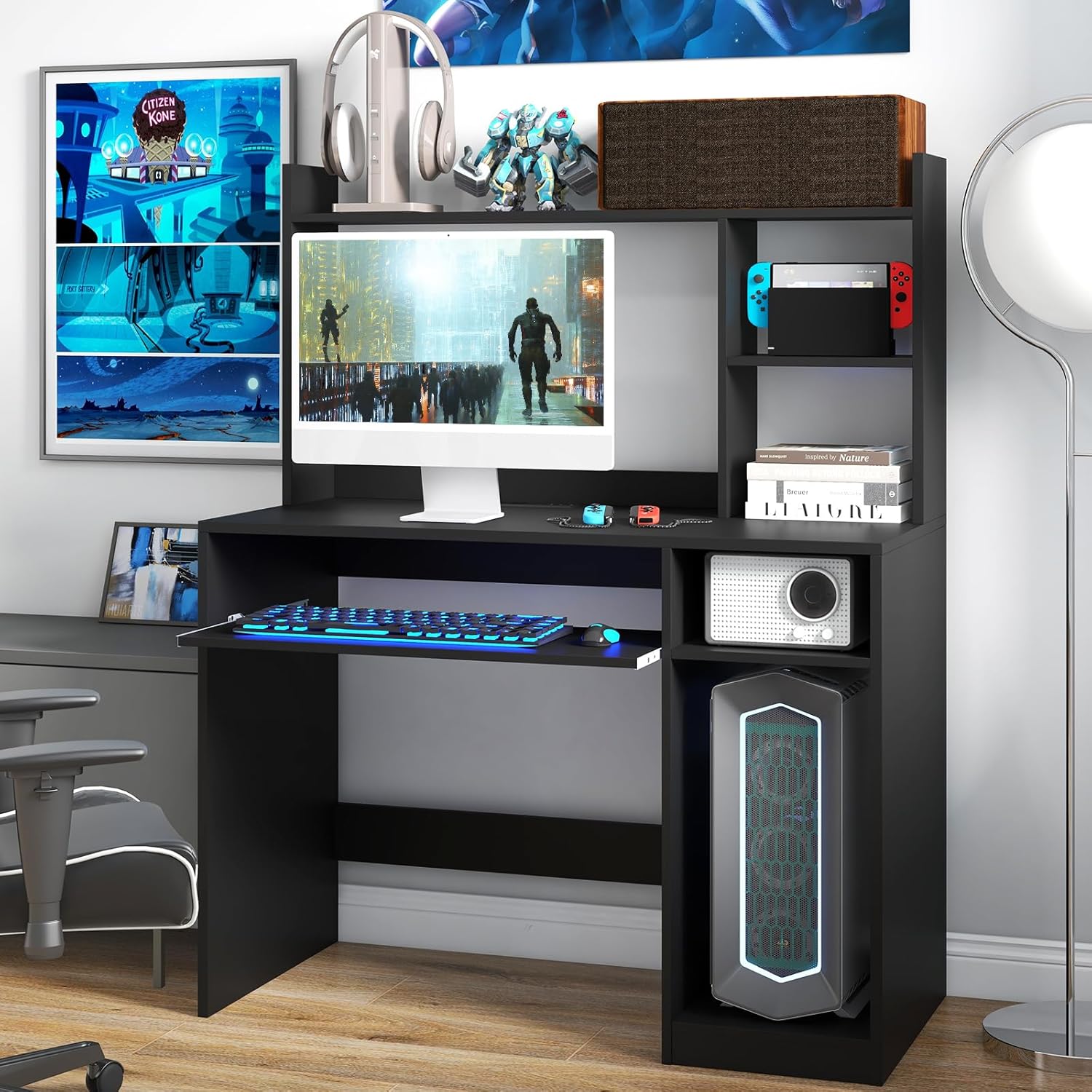 COSTWAY Escritorio negro para computadora con estante de almacenamiento, escritorio de madera con gabinete, escritorio de oficina con soporte para