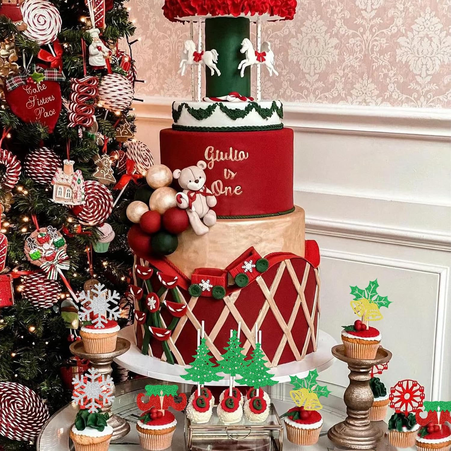 1 decoración grande para tartas de Navidad, cartel de decoración de pastel de Navidad, picks de comida de Navidad con purpurina para Navidad, fiesta