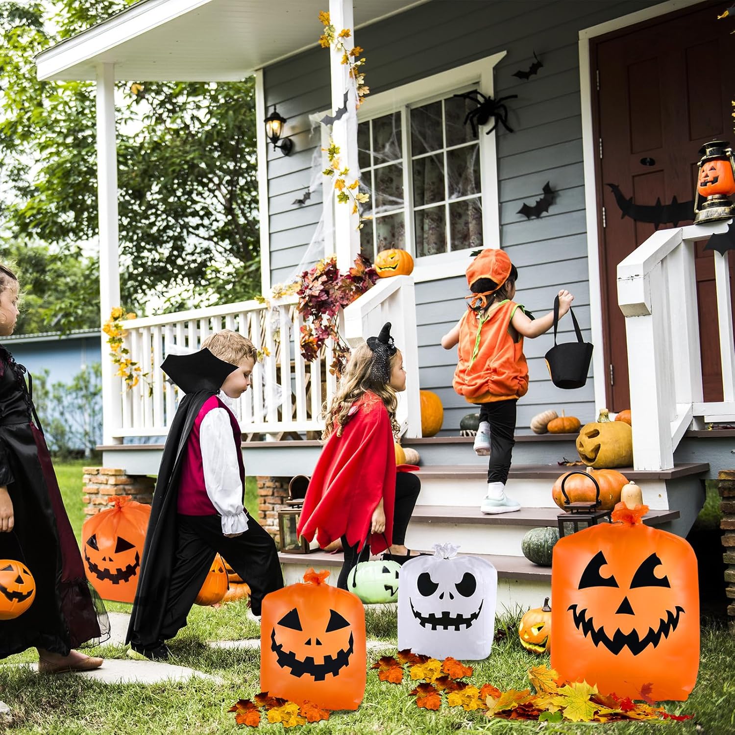 CHANGE MOORE Bolsas de césped de hojas de Halloween, 7 unidades, 4 diseños, bolsa de césped de calabaza con lazos giratorios, decoraciones de