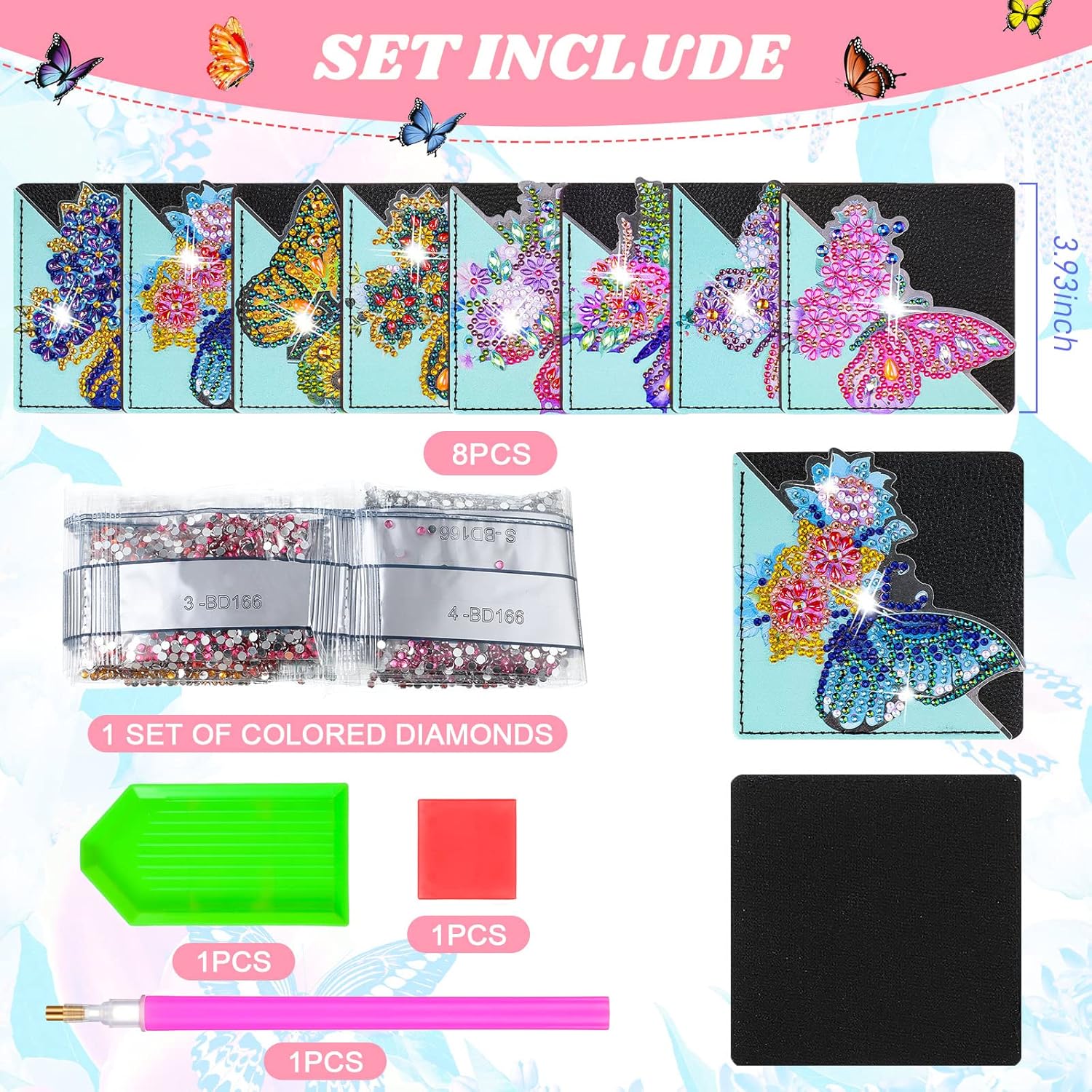 Juego de 8 marcapáginas de arte de diamantes con diseño de mariposas, para manualidades, para niños, adultos, amantes de los libros, graduación,