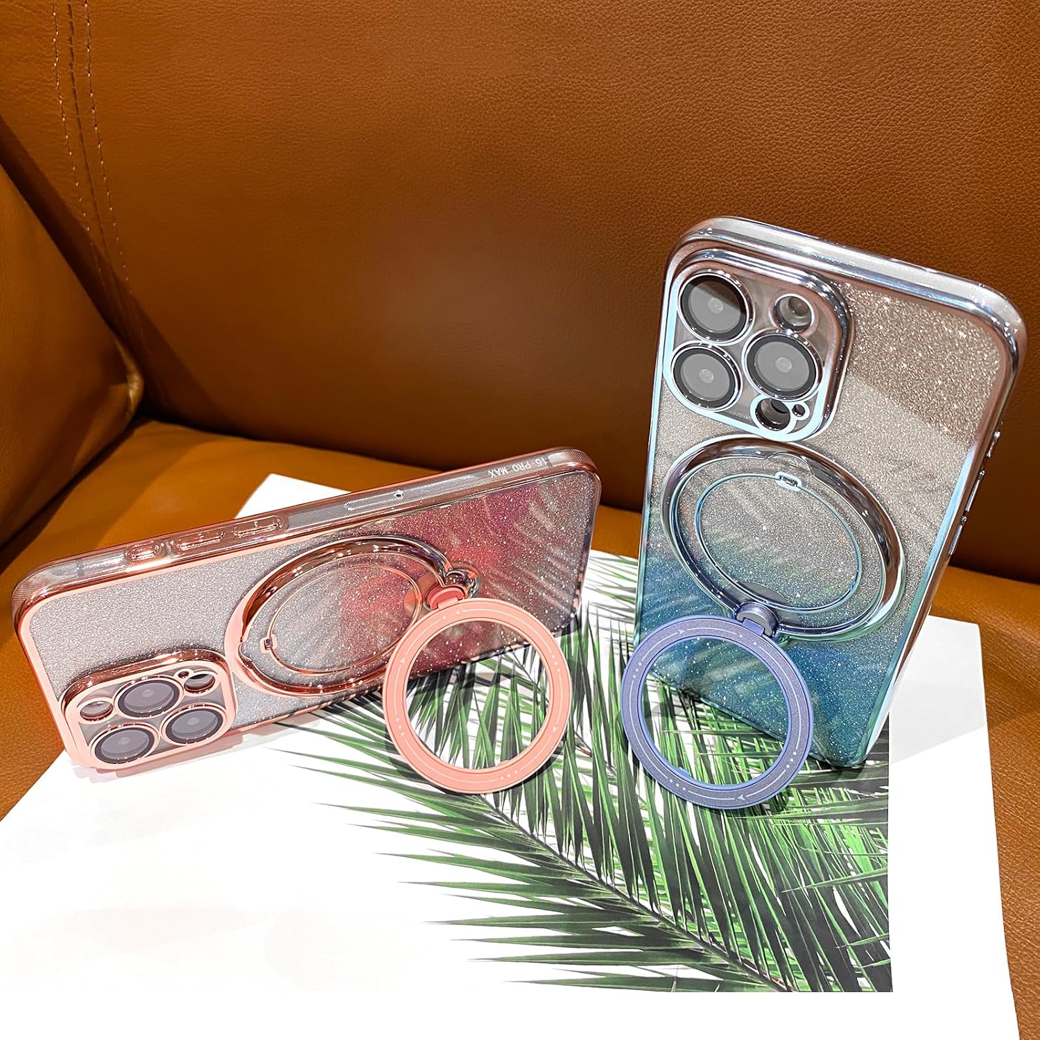 Funda magnética con purpurina para iPhone 15 Pro Max con soporte de anillo giratorio, compatible con MagSafe protector de lente de cámara chapado de