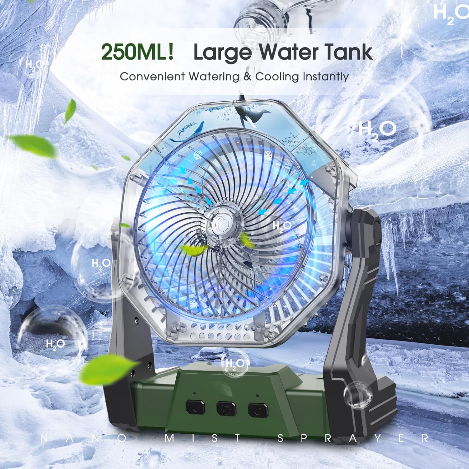 Ventilador solar de niebla de 10 W, ventilador de campamento de 10000 mAh portátil con panel solar y tanque de agua de 8.5 fl oz, ventilador de